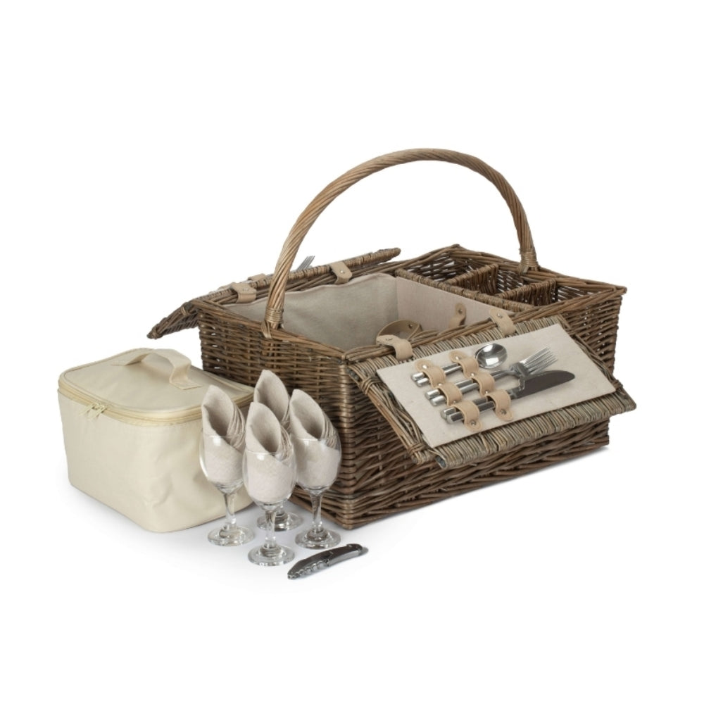 Wicker Double Lidded Fitted Picnic Basket | 4 Person | White