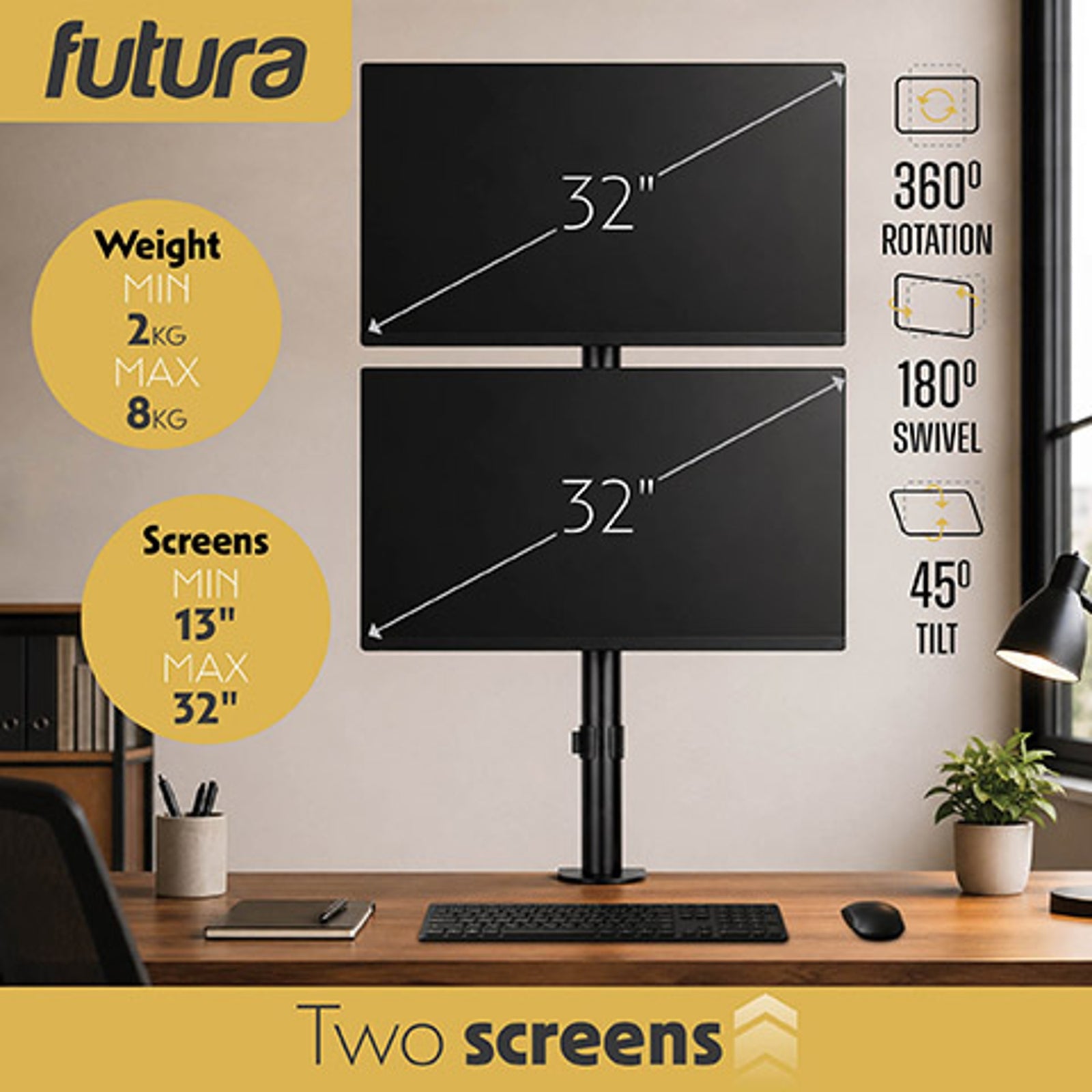 Futura Futura Dual Vertical Monitor Stand 13 To 32 Inch Height Adjustable Clamp Mount Supports 8kg Each