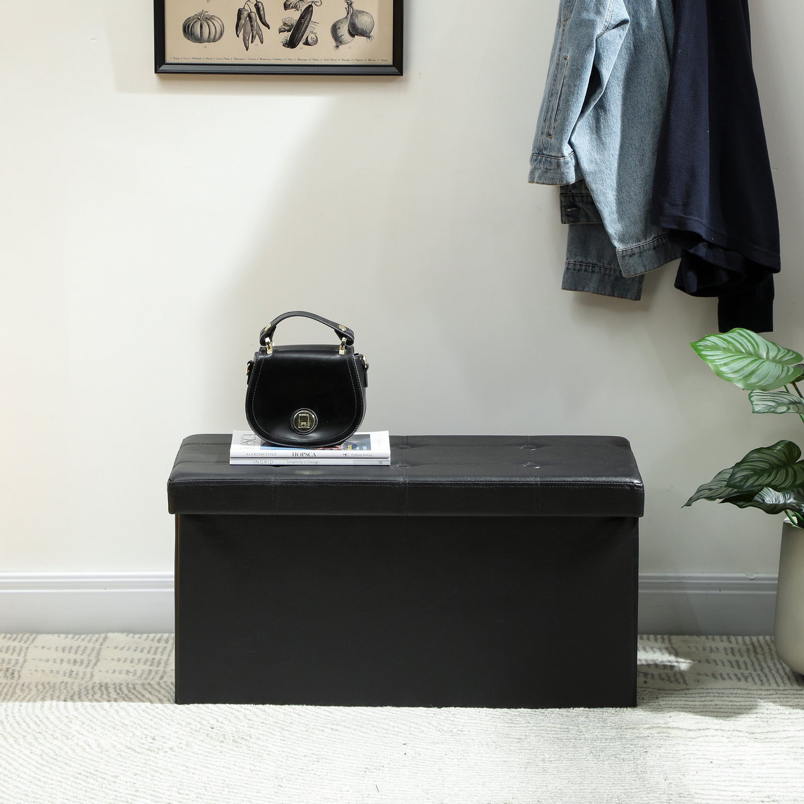 Storage Ottoman Bench, 89l Pu Leather Folding Foot Rest | Black