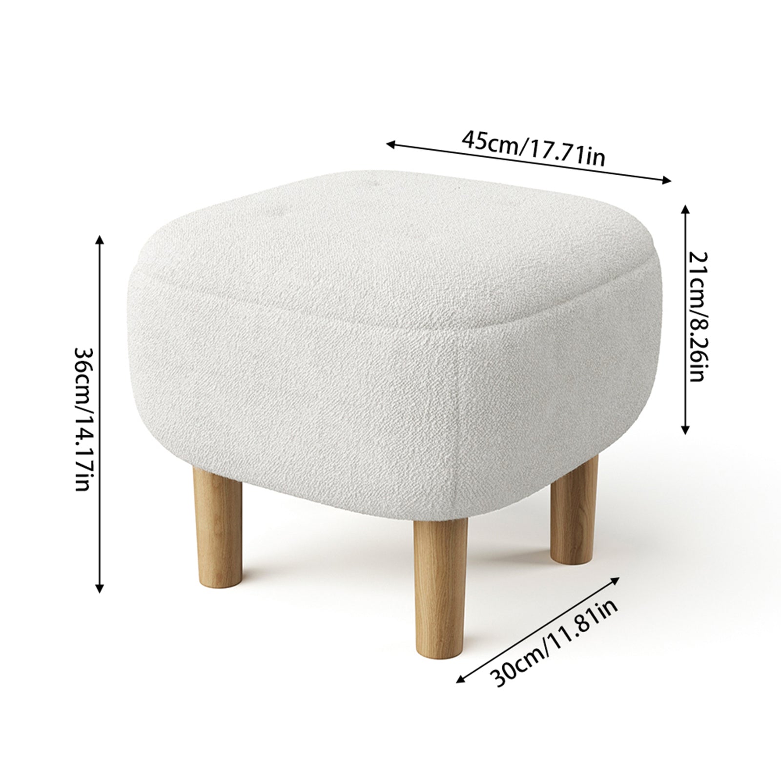 Teddy Fleece Footstool With Rubberwood Legs & Felt Pads | White