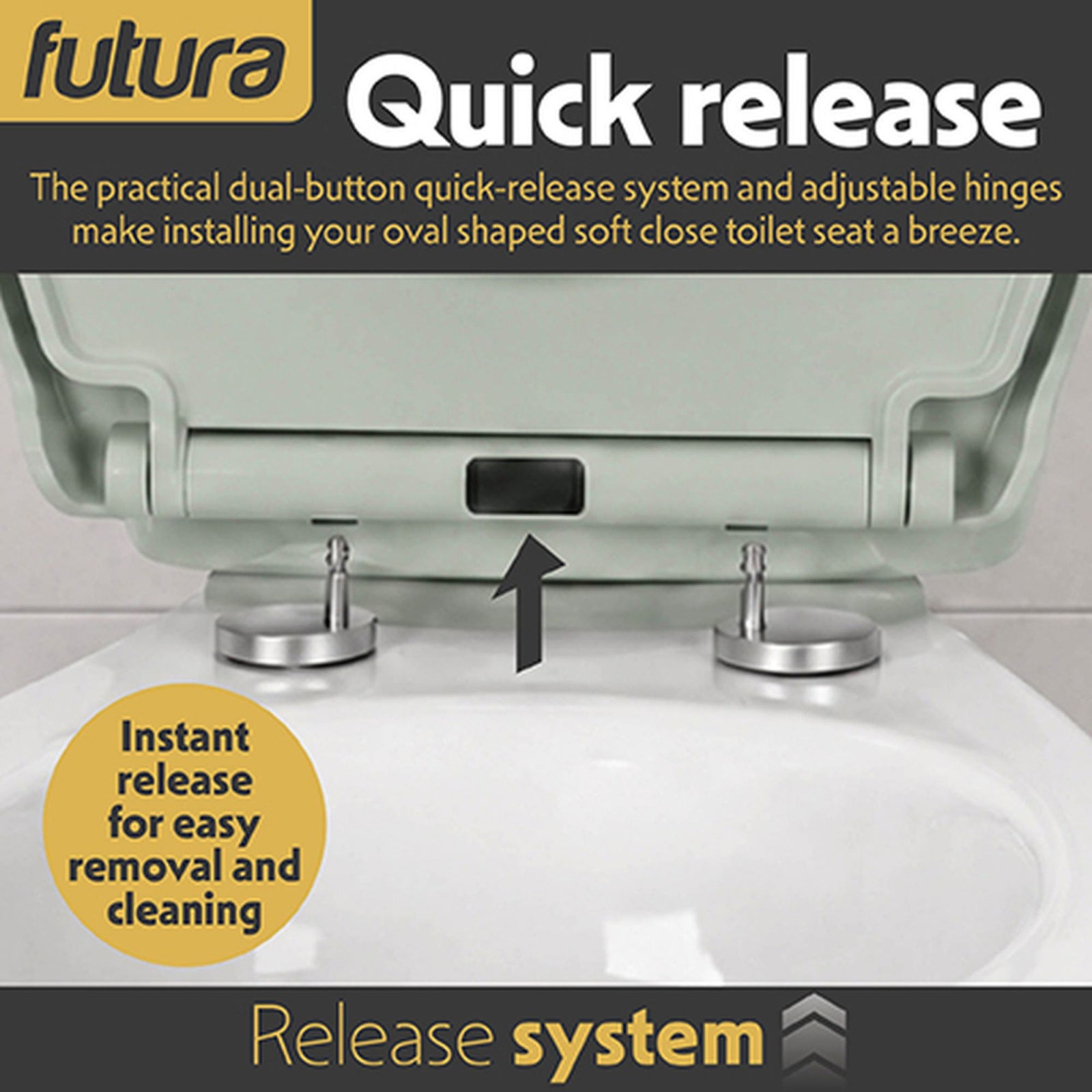 Toilet Seat Soft Close Oval Shape, Premium Thermoplastic, Quick Release, Top & Bottom Fixings | Sage Green