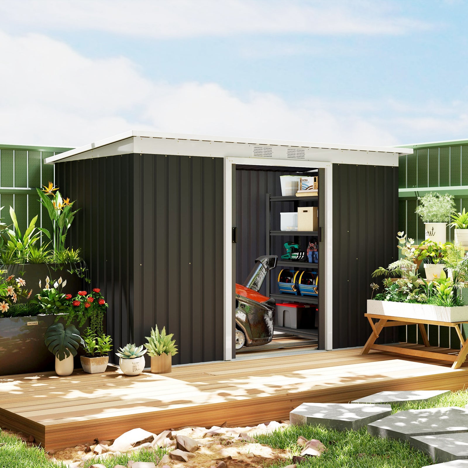 9 X 4ft Outdoor Metal Frame Garden Storage Shed W/ 2 Door | Dark Gray