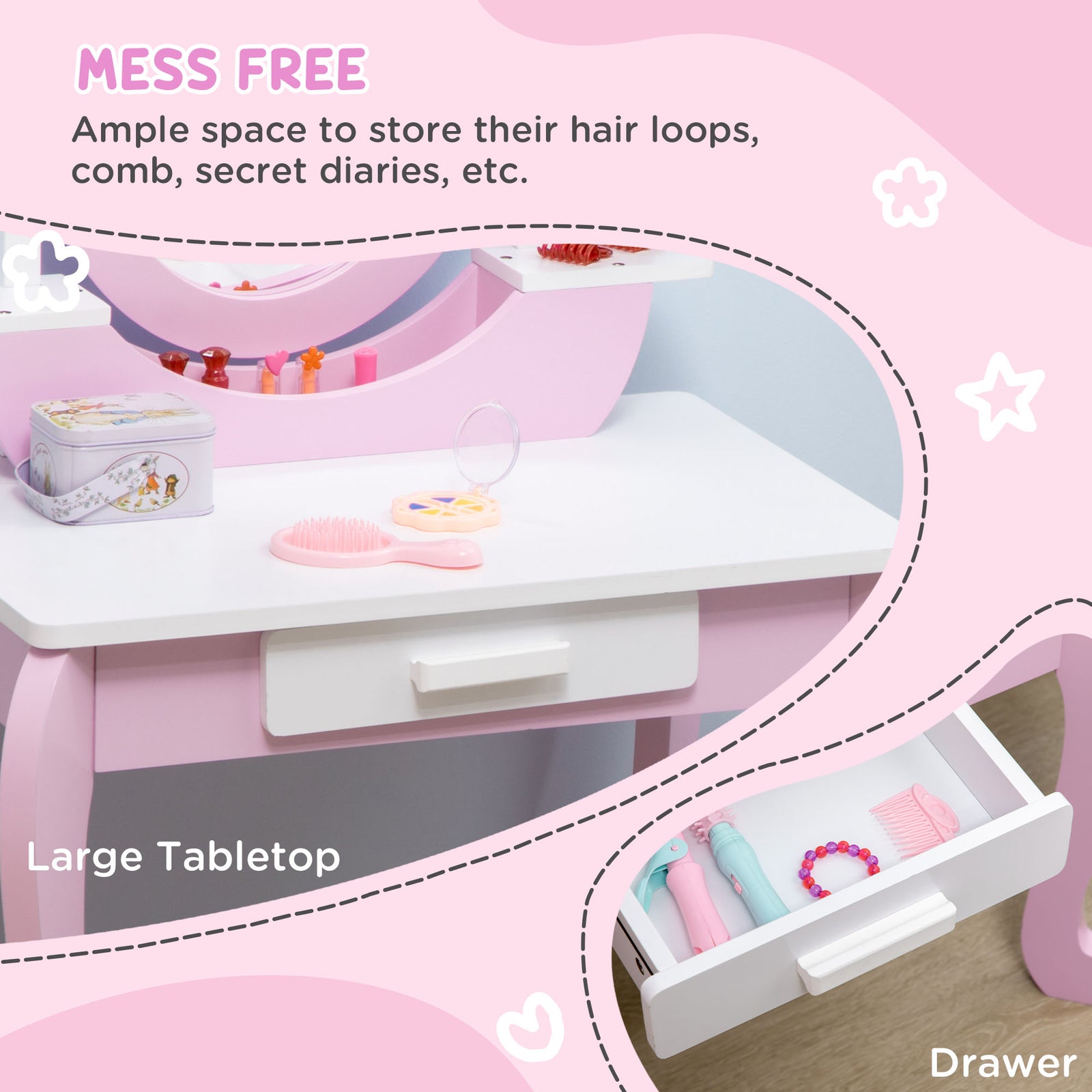 Kids Dressing Table With Mirror And Stool, For Ages 3-6 Years - Pink | Pink