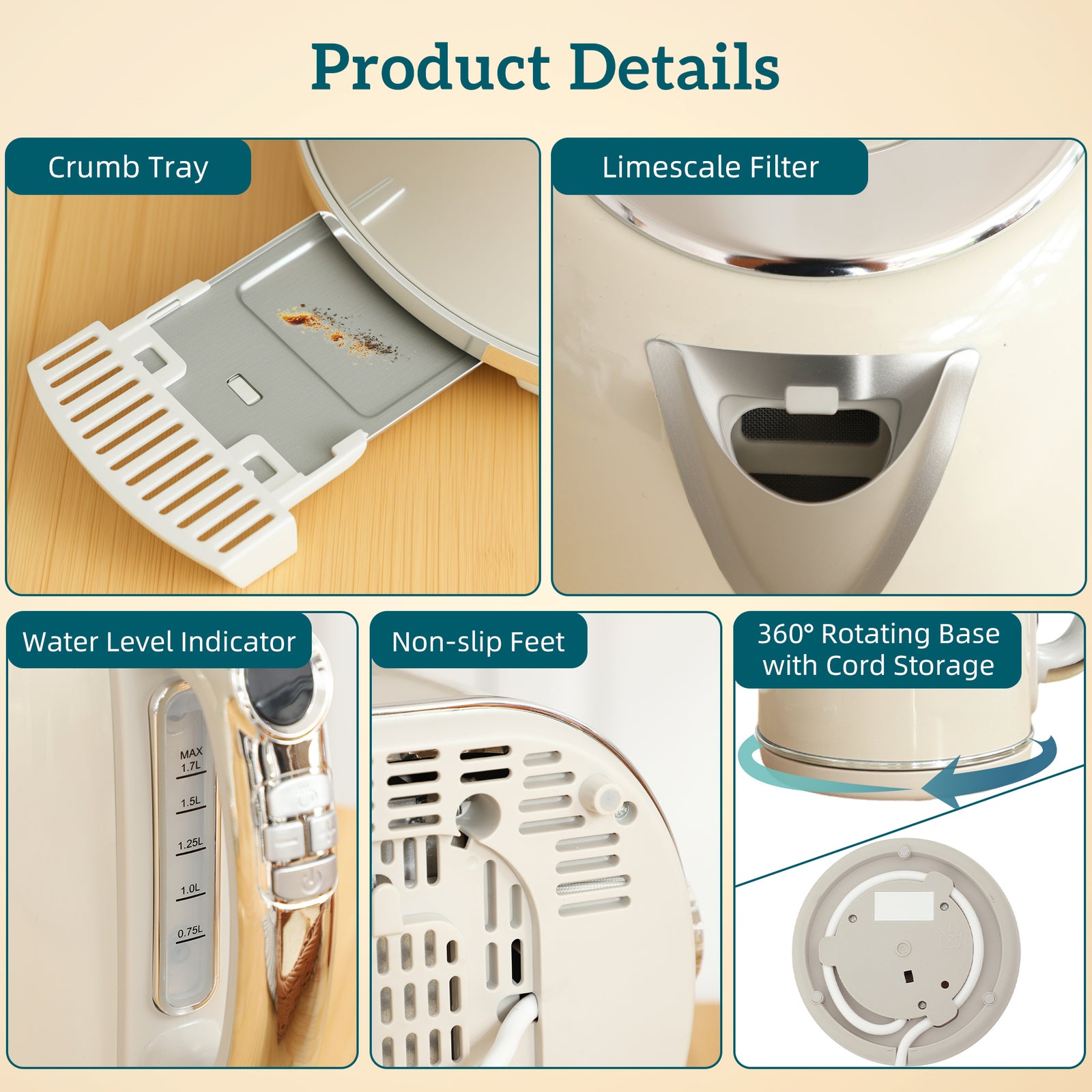 1.7l 3000w Kettle And 2 Slice Toaster With Keep Warm Memory Function | Cream