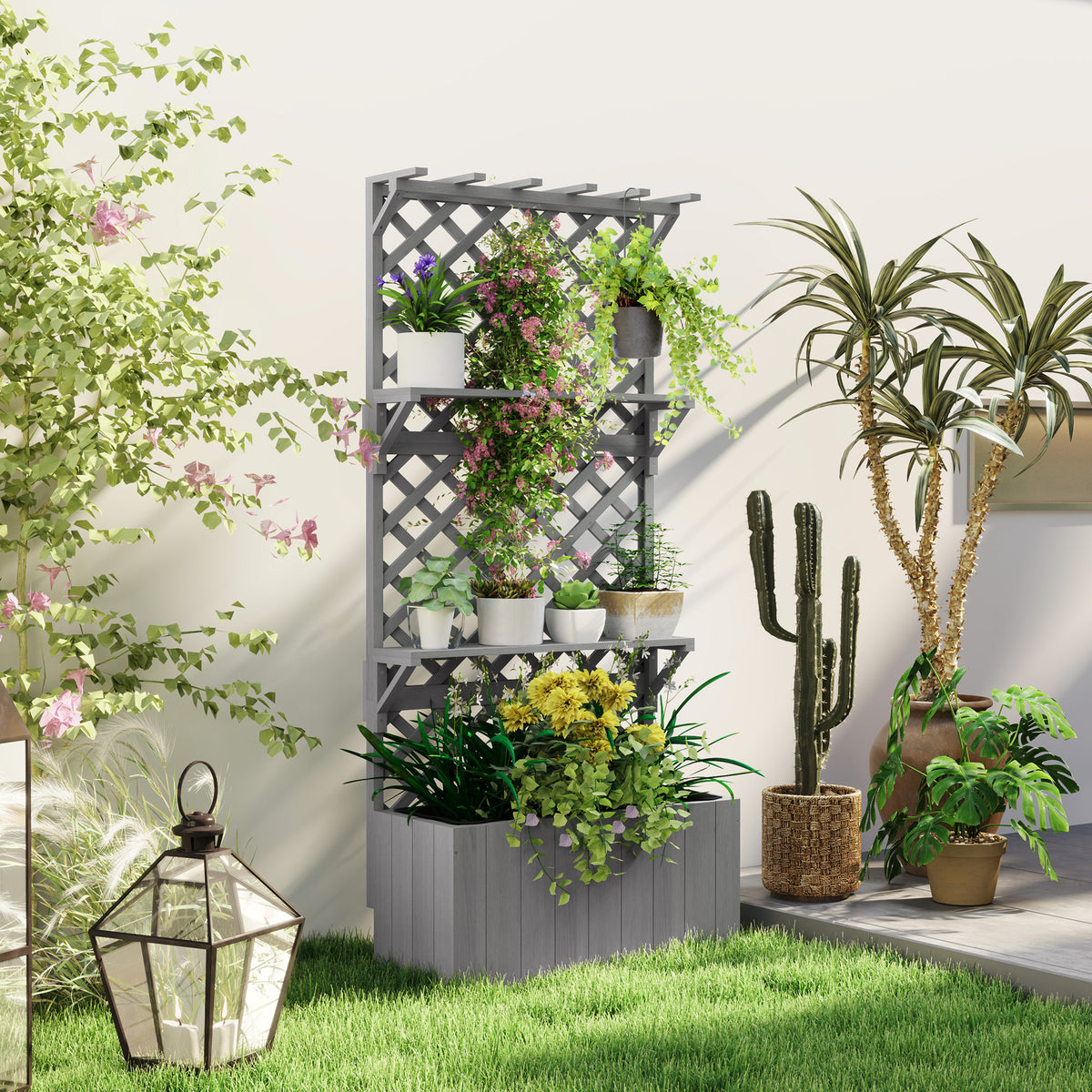 Outsunny Wooden Raised Planter With Trellis And 2 Shelves, Grey