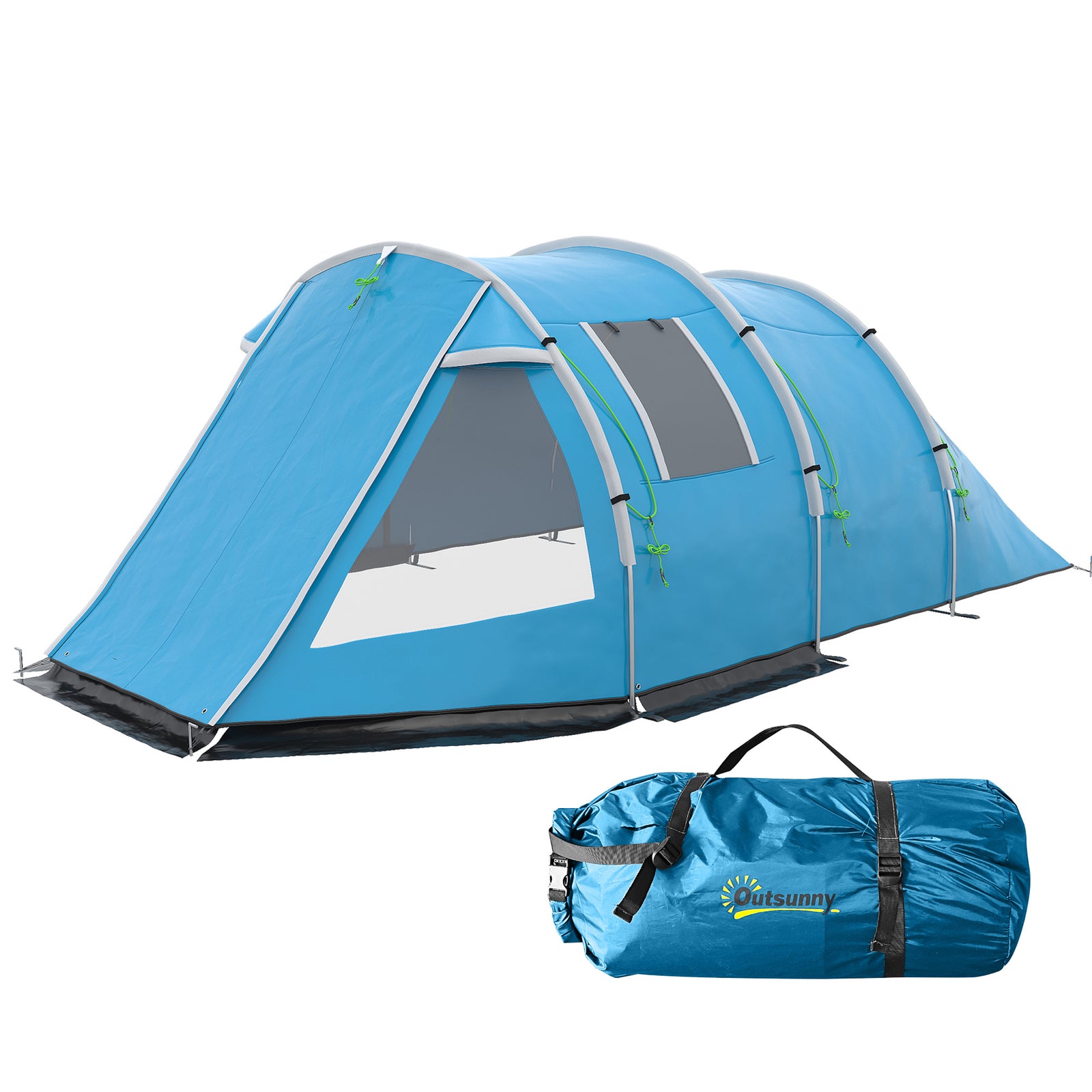 3-4 Persons Tunnel Tent, Two Room Camping Tent W/ Windows | Blue
