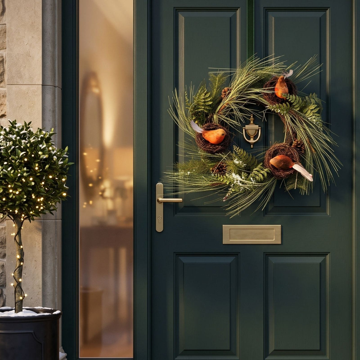 HOMESCAPES Artificial Christmas Wreath With Robins Nests, 16 Inch