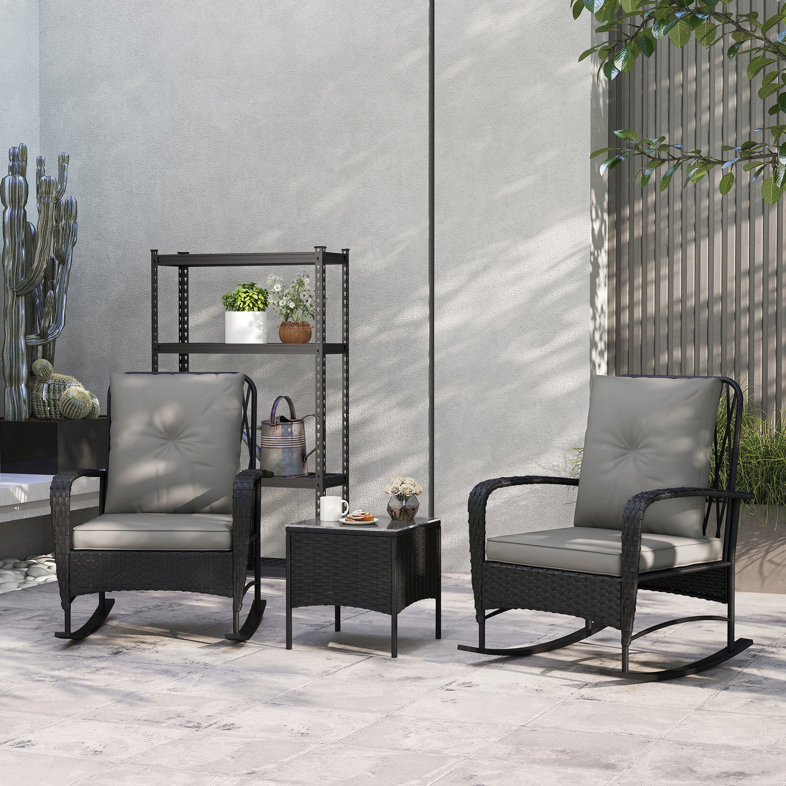Rattan Bistro Set Balcony Furniture With Rocking Chairs | Black