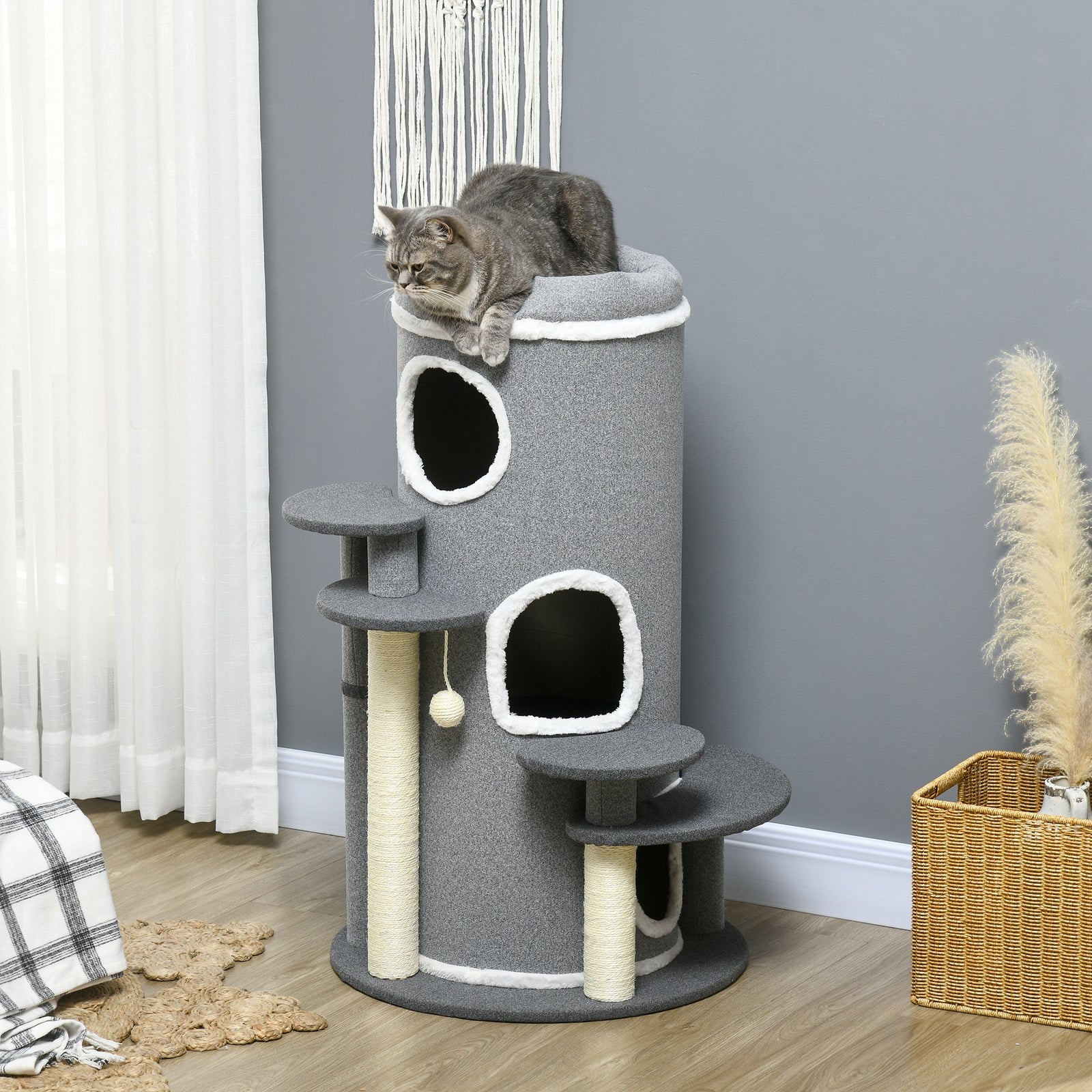 Barrel Shaped Cat Tree For Indoor Cats With Sisal Scratching Posts, Grey