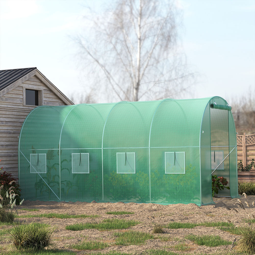 Outdoor Walk-in Tunnel Greenhouse With Heavy Duty Steel Frame & Roll-up Door | 4 x 3 x 2m | Green