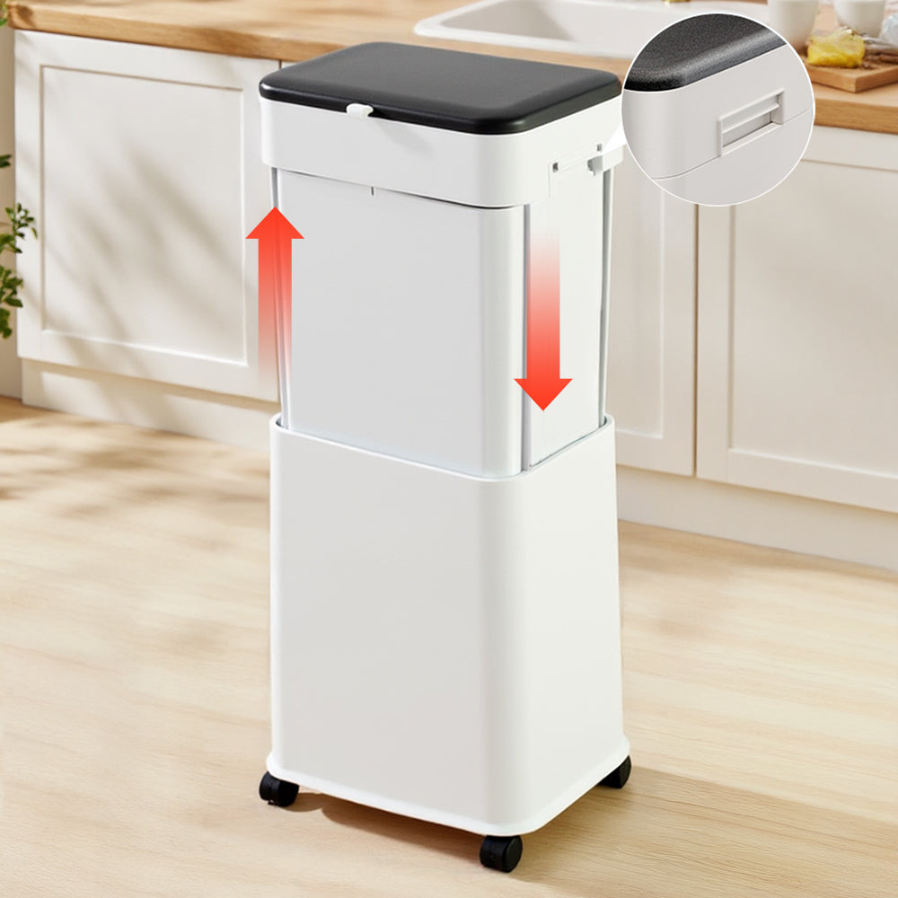 20l Adjustable Height Trash Bin With Flip-top Lid, Sealed Odour Control, And Omni-directional Wheels, White