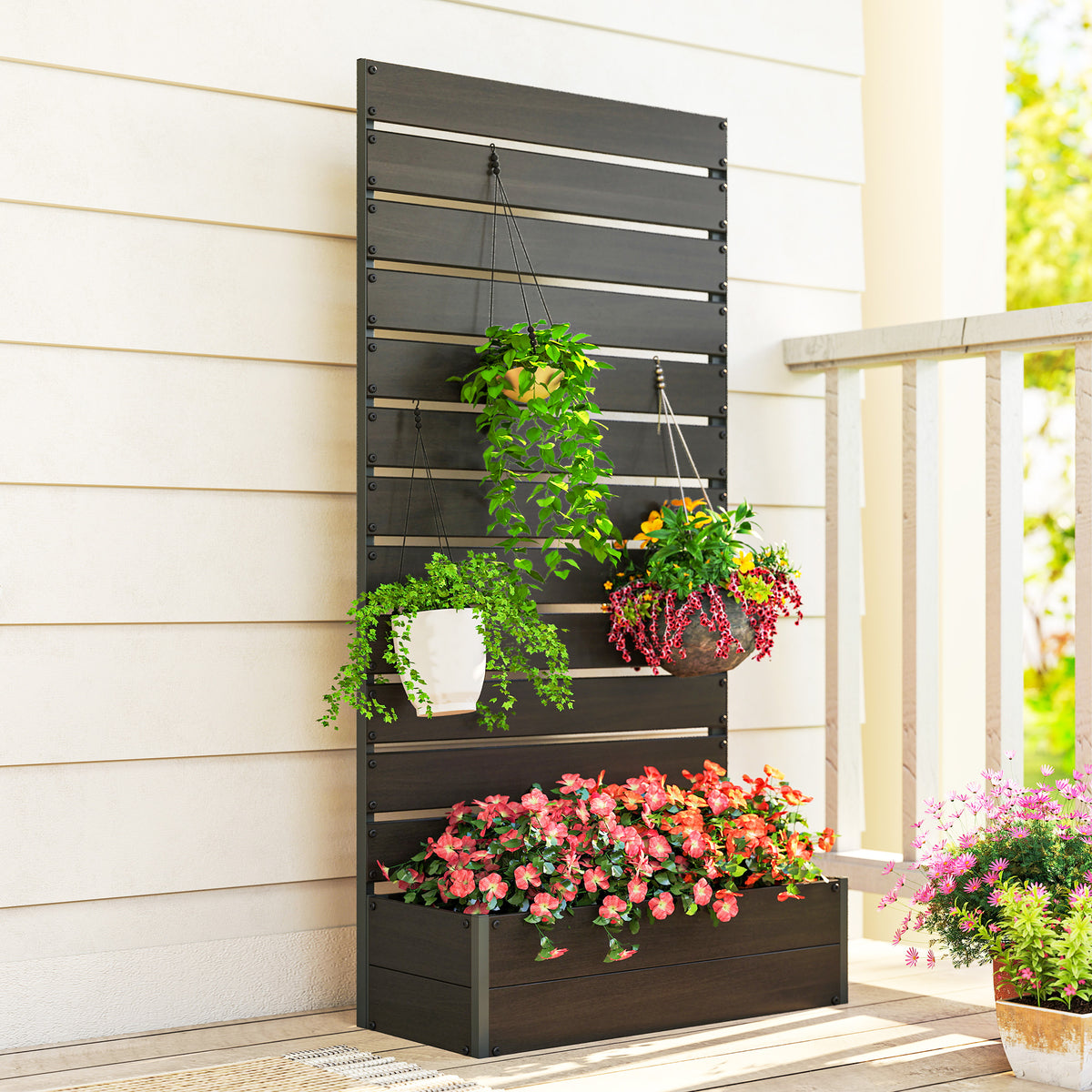 Outsunny Raised Garden Bed With Trellis Standing Patio Planter Box Black