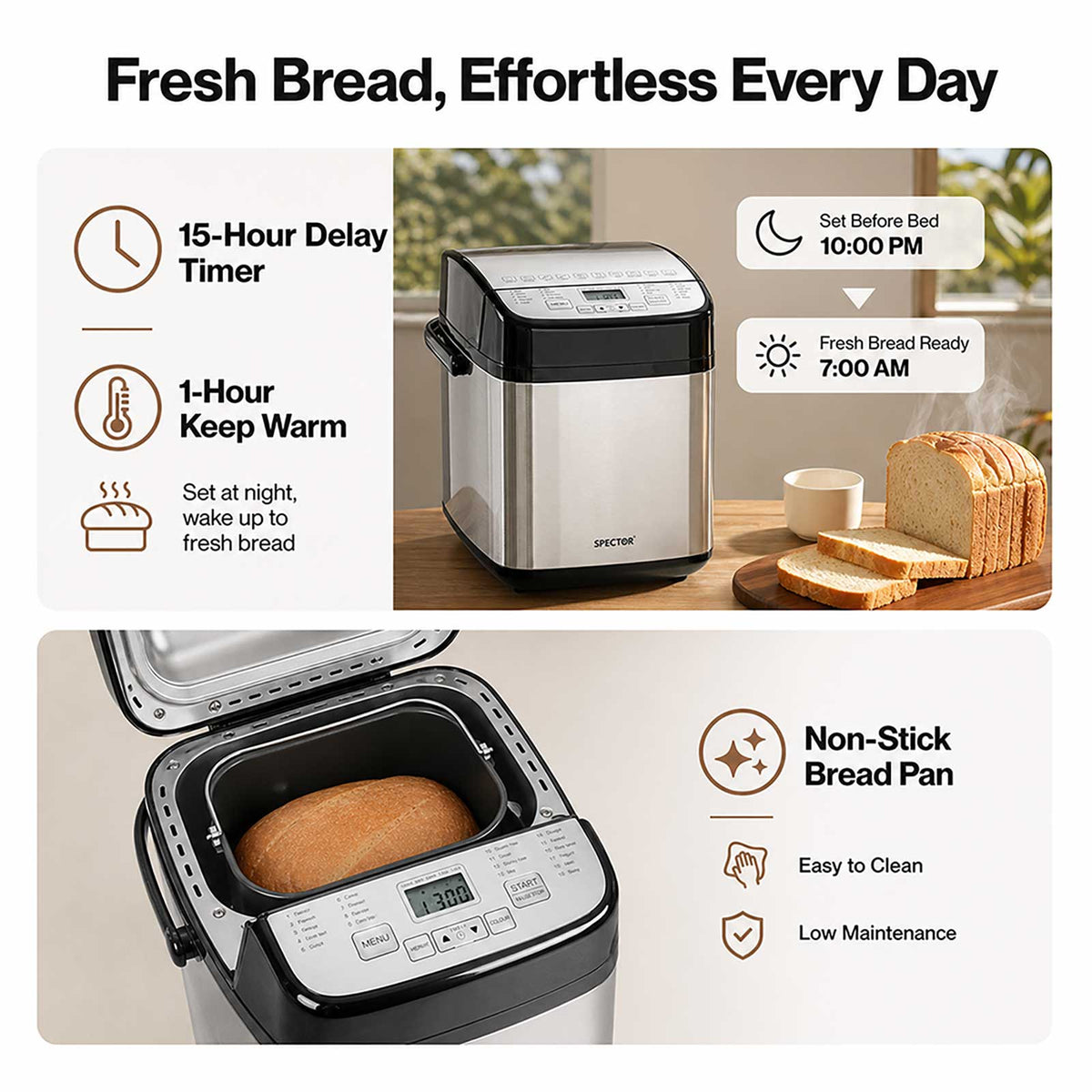 Spector Bread Maker 19 In 1 Compact Machine 15h Timer 1.5lb Black Silver