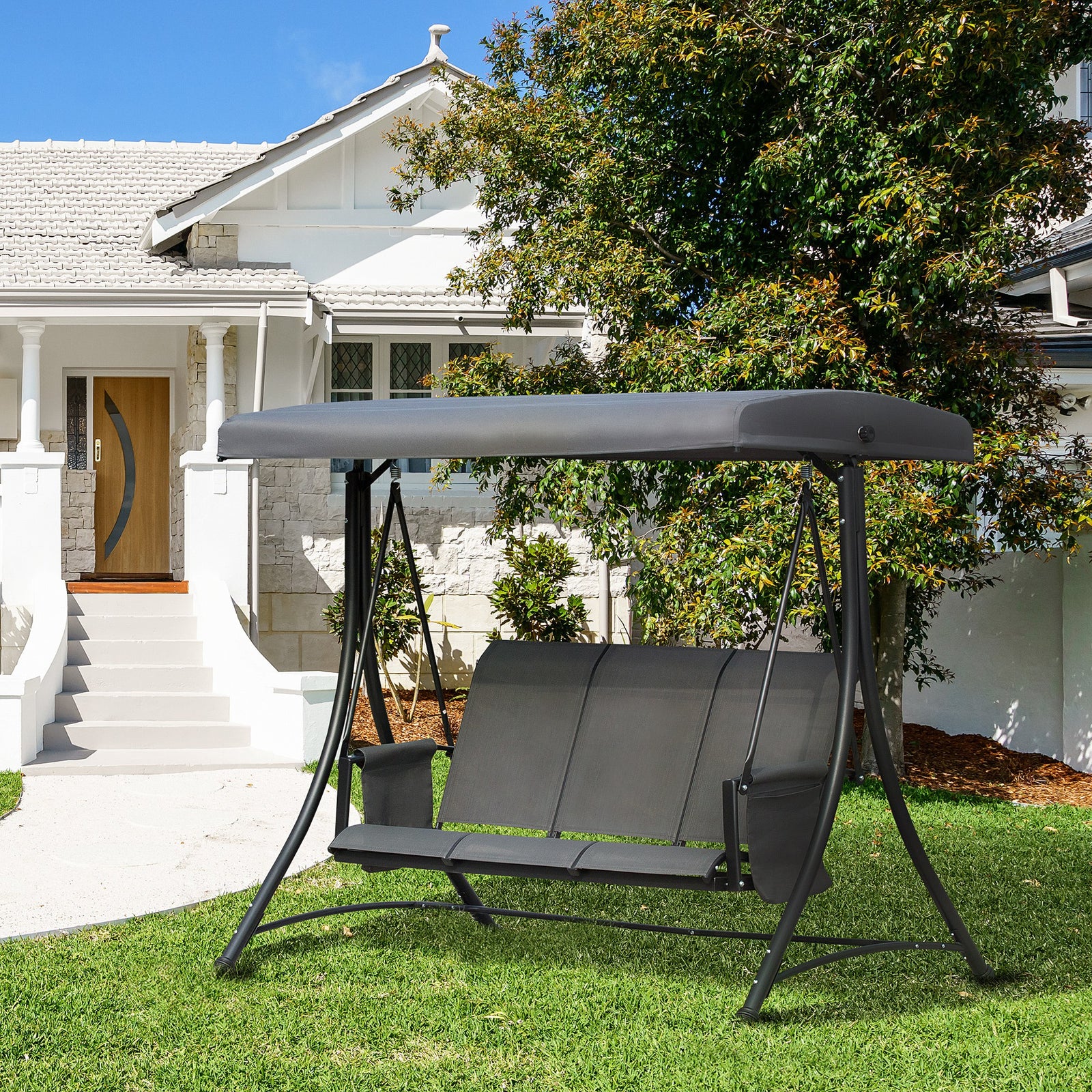 3 Seat Metal Fabric Backyard Balcony Patio Swing Chair | Charcoal Gray