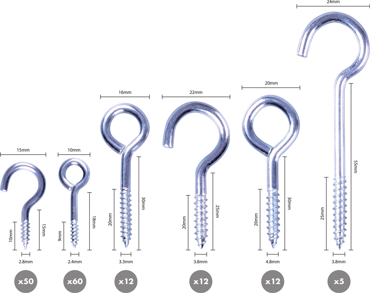 St Helens 151 Piece Screw-in Metal Ceiling And Wall Hook Kit - General Purpose Hooks In 6 Different Sizes