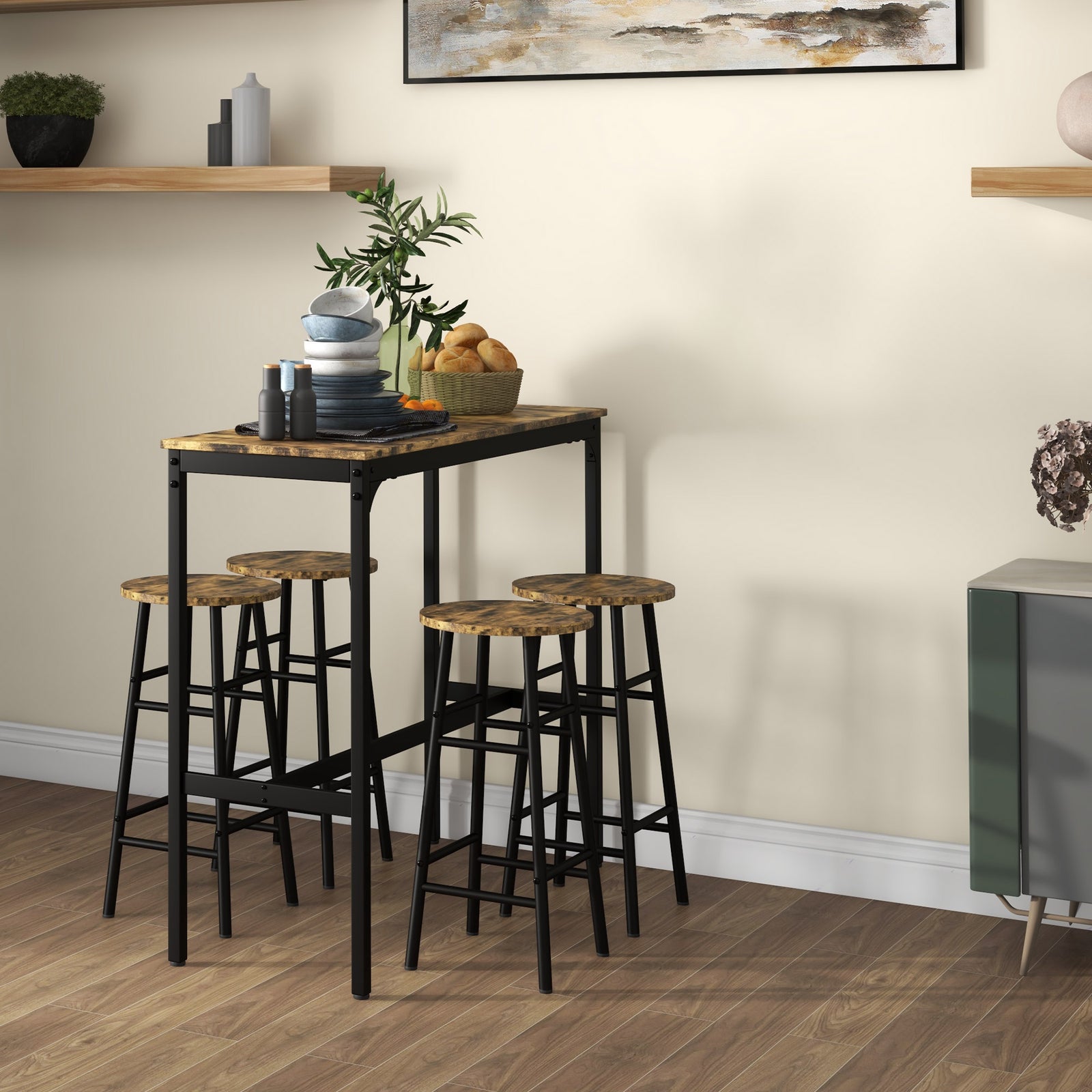 Bar Table And Stool Set Kitchen Table With 2/4 Stools | Set of 5 | Brown