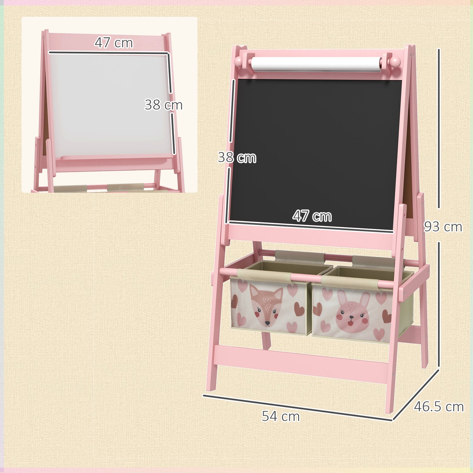 Kids Easel With Paper Roll, Blackboard, Whiteboard, Storage | Pink