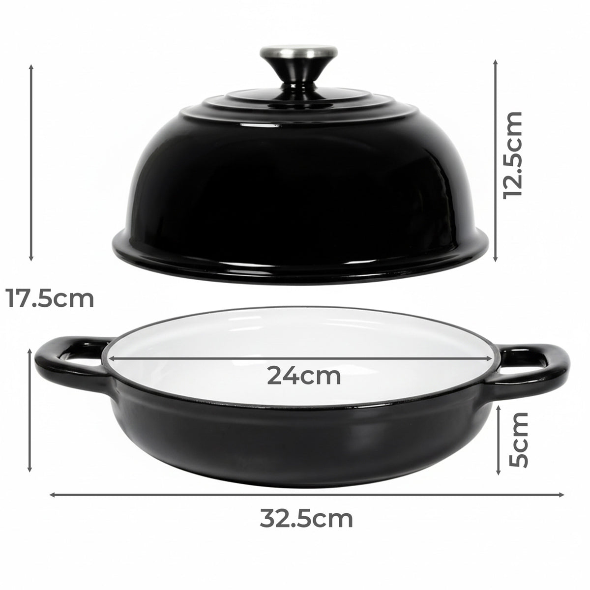 Cast Iron Enamelled Dutch Oven Bread Baking Pot Casserole Dish Round 24cm | Black
