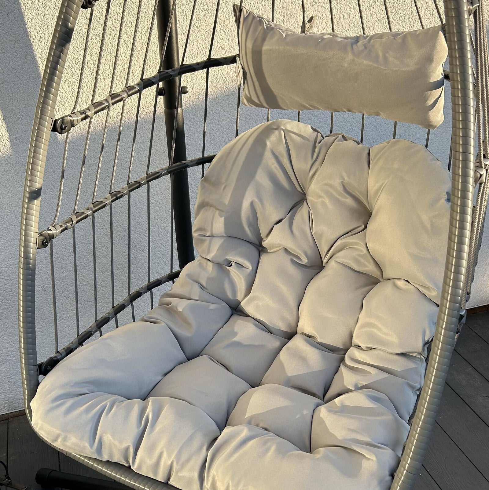 Stylish Azura Hanging Egg Chair With Deep Grey Cushions For Outdoor Relaxation | Gray