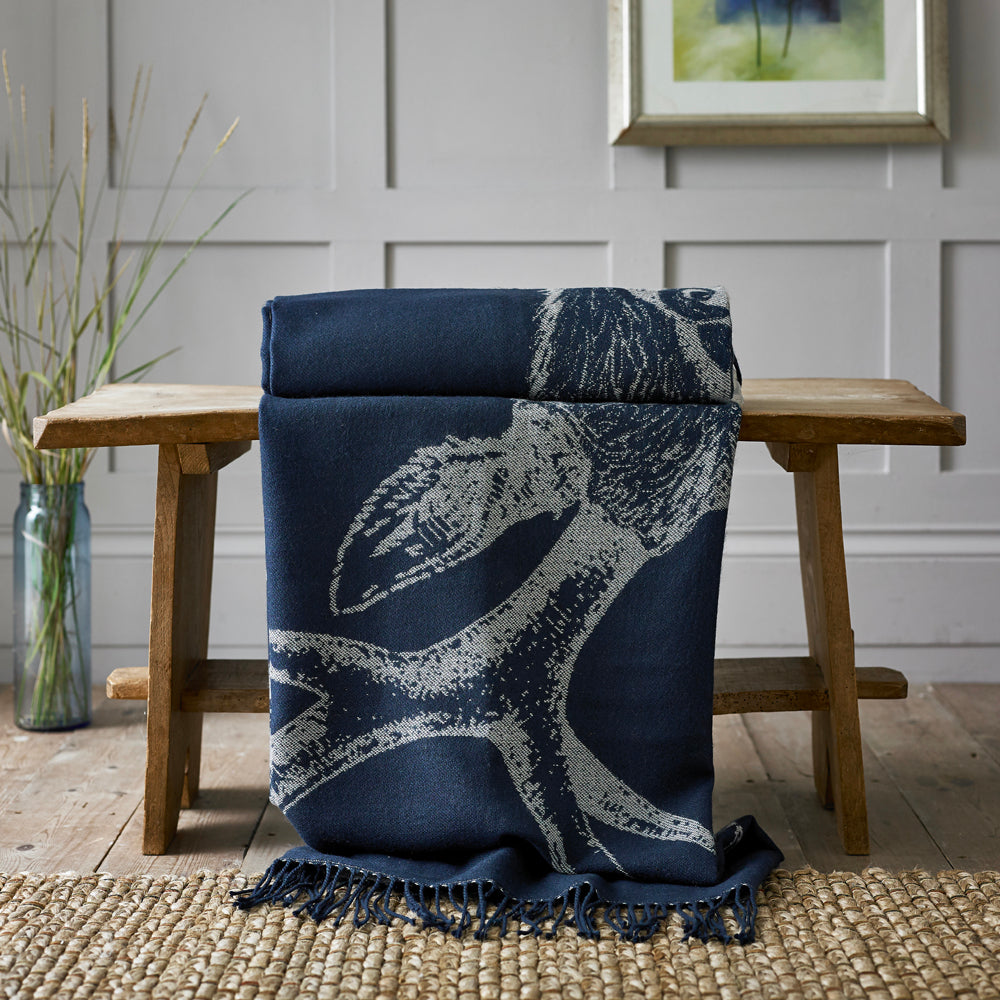 Stag Tartan Faux Cashmere Large Throw | Navy Blue