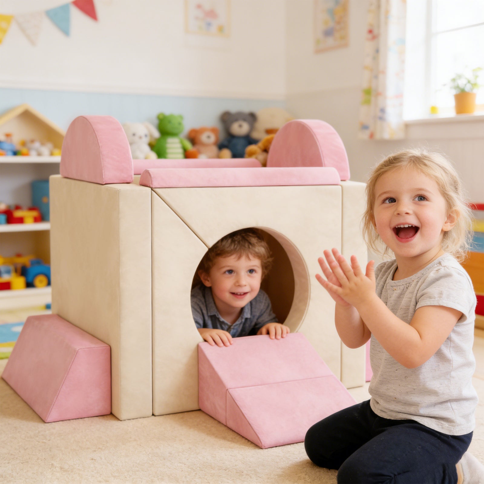 Kids Play Sofa, 12 Pieces Foam Modular Convertible Sofa | Pink