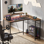 L Shaped Desk With Led Lights And Storage | Rustic Brown
