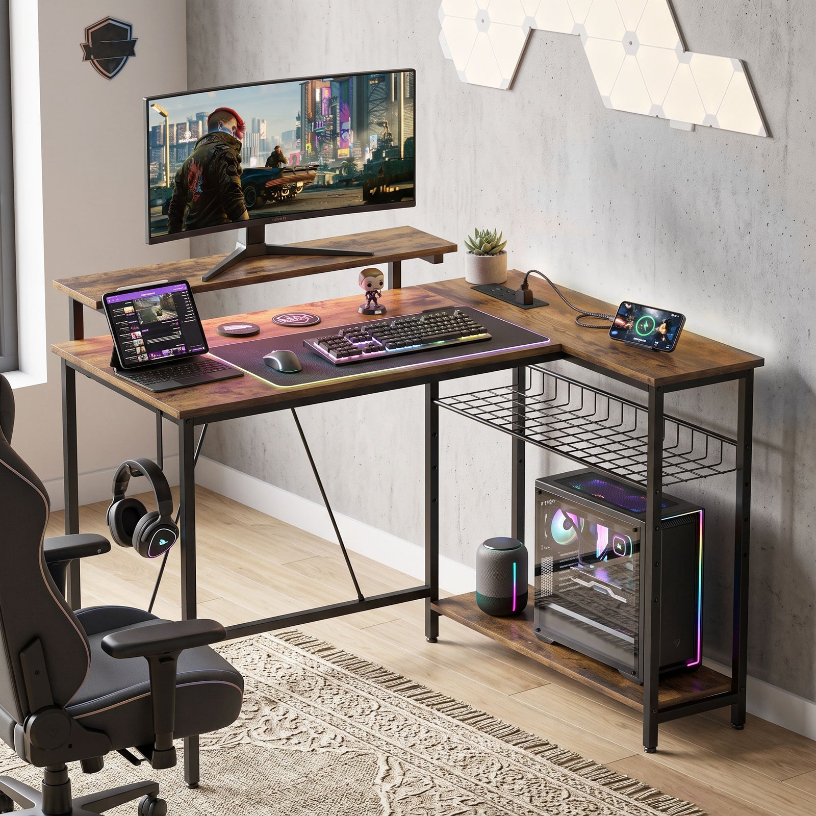 L Shaped Desk With Led Lights And Storage | Rustic Brown