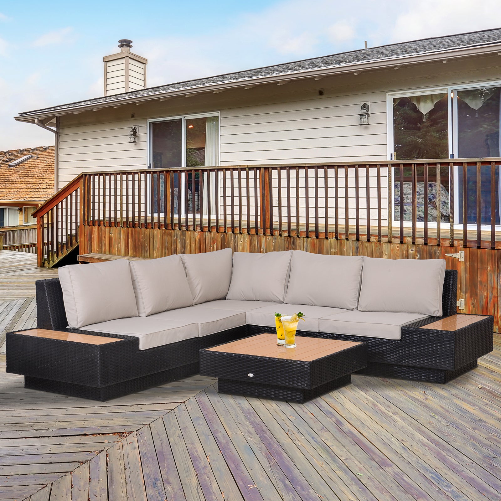 4pcs Rattan Sofa Set Garden Furniture Set W/ Armrest Cushion | Black