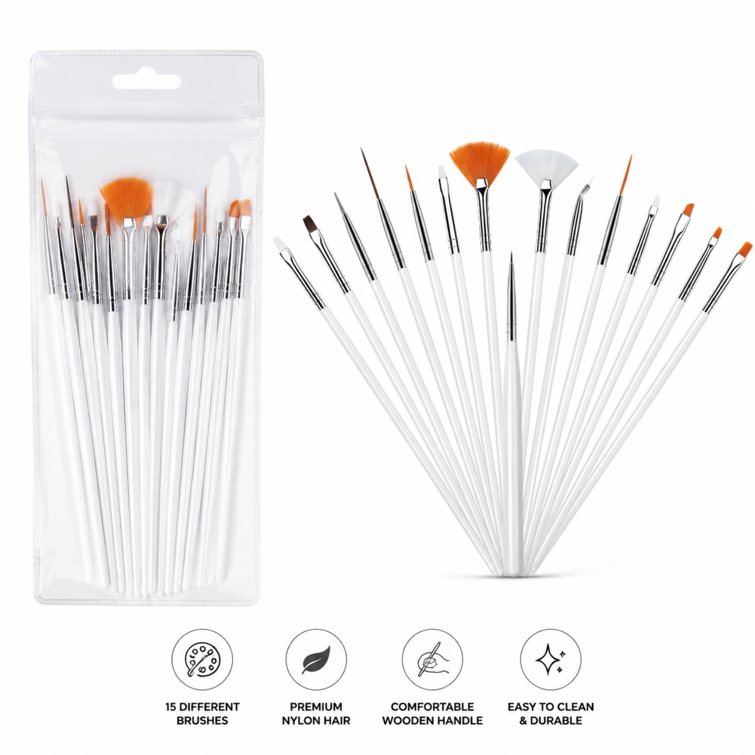 Envie Nail Art Brush Set 15pc Gel Acrylic Polish Design Painting Drawing Pen Pack