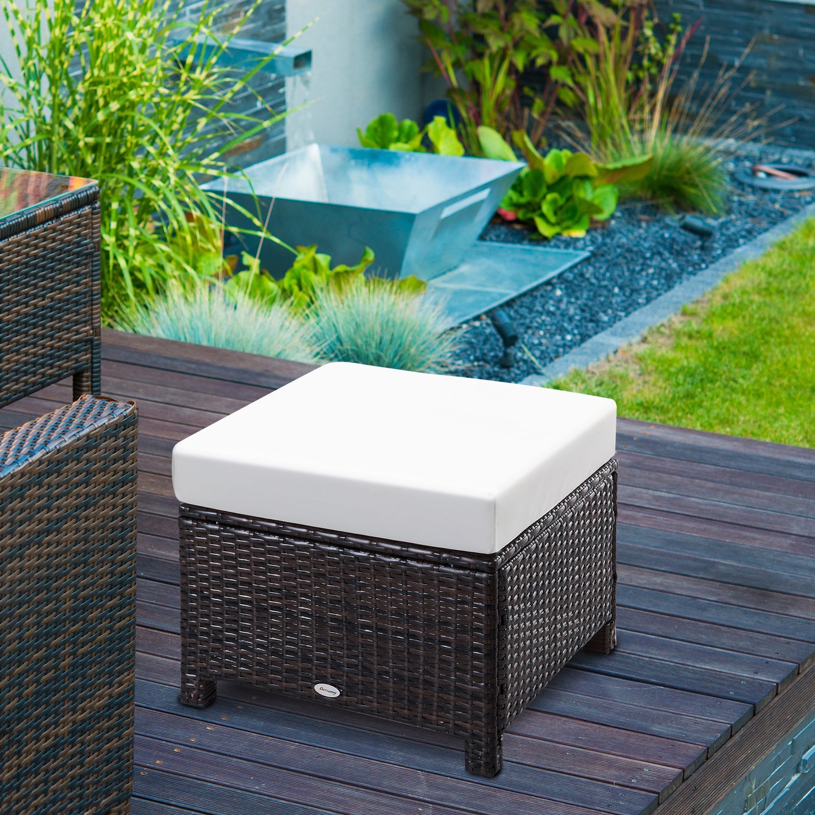 Rattan Footstool Wicker Ottoman With Padded Seat Cushion | Brown