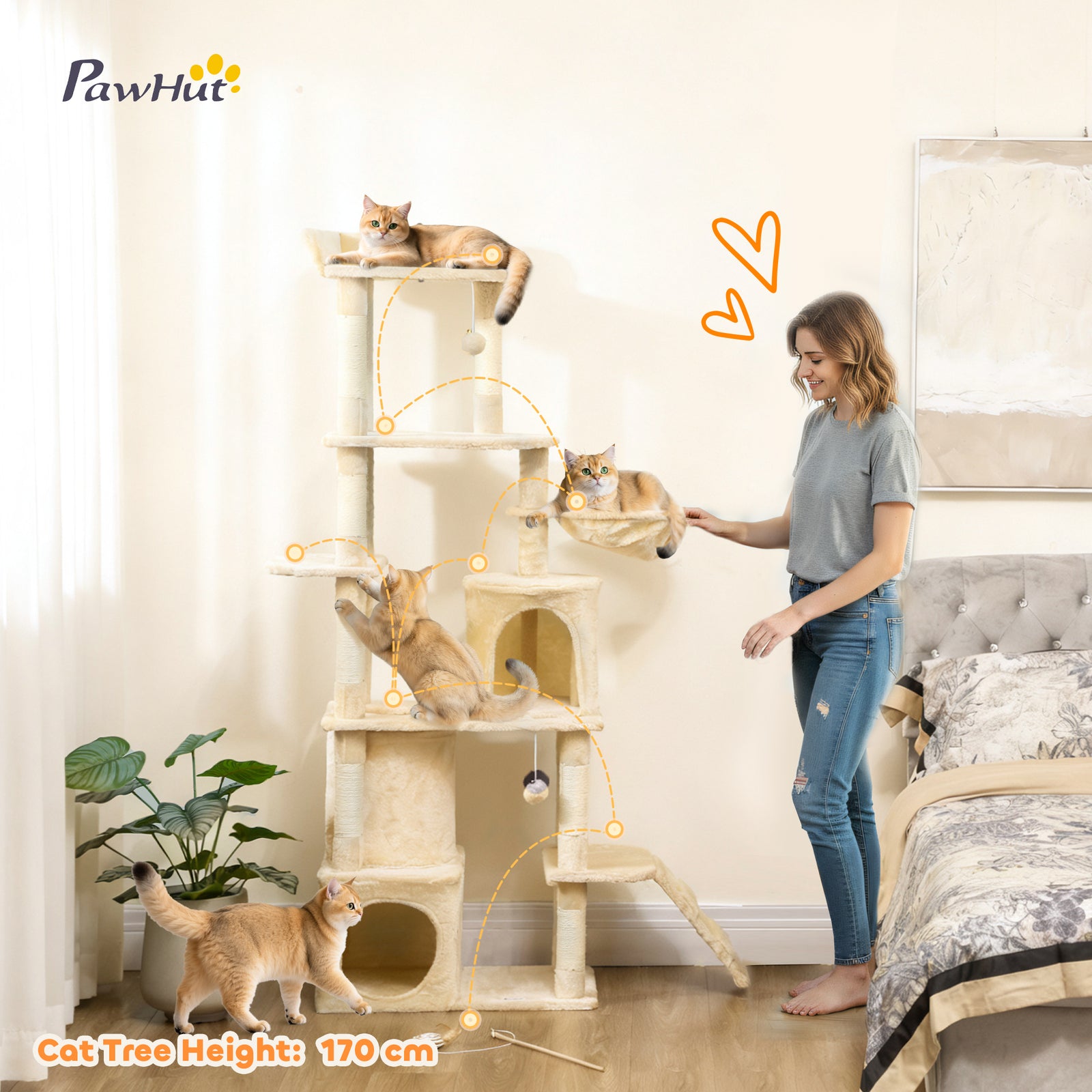 170 Cm Cat Tree, Large Cat Tower With 7 Scratching Posts | Beige