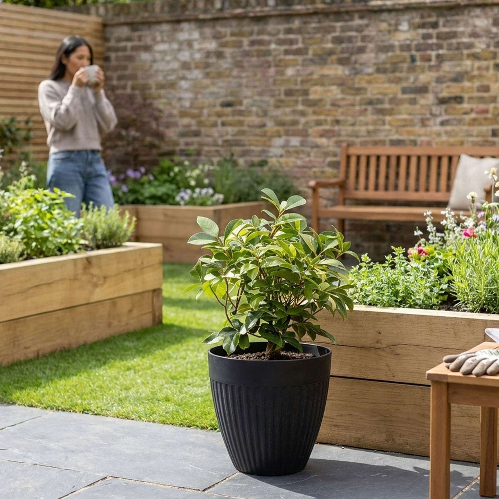 36cm Tall Round Ribbed Effect Black Rubber Planters - Indoor Outdoor Planter | Set-of-2