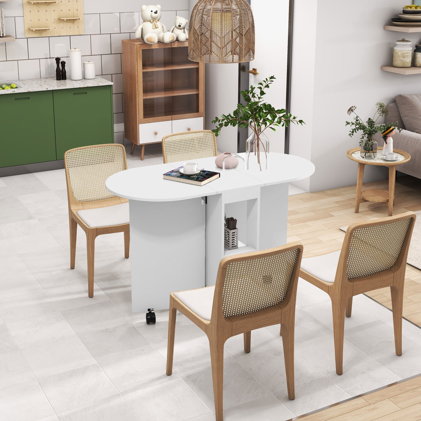 Folding Dining Table With 2-tier Shelves, White