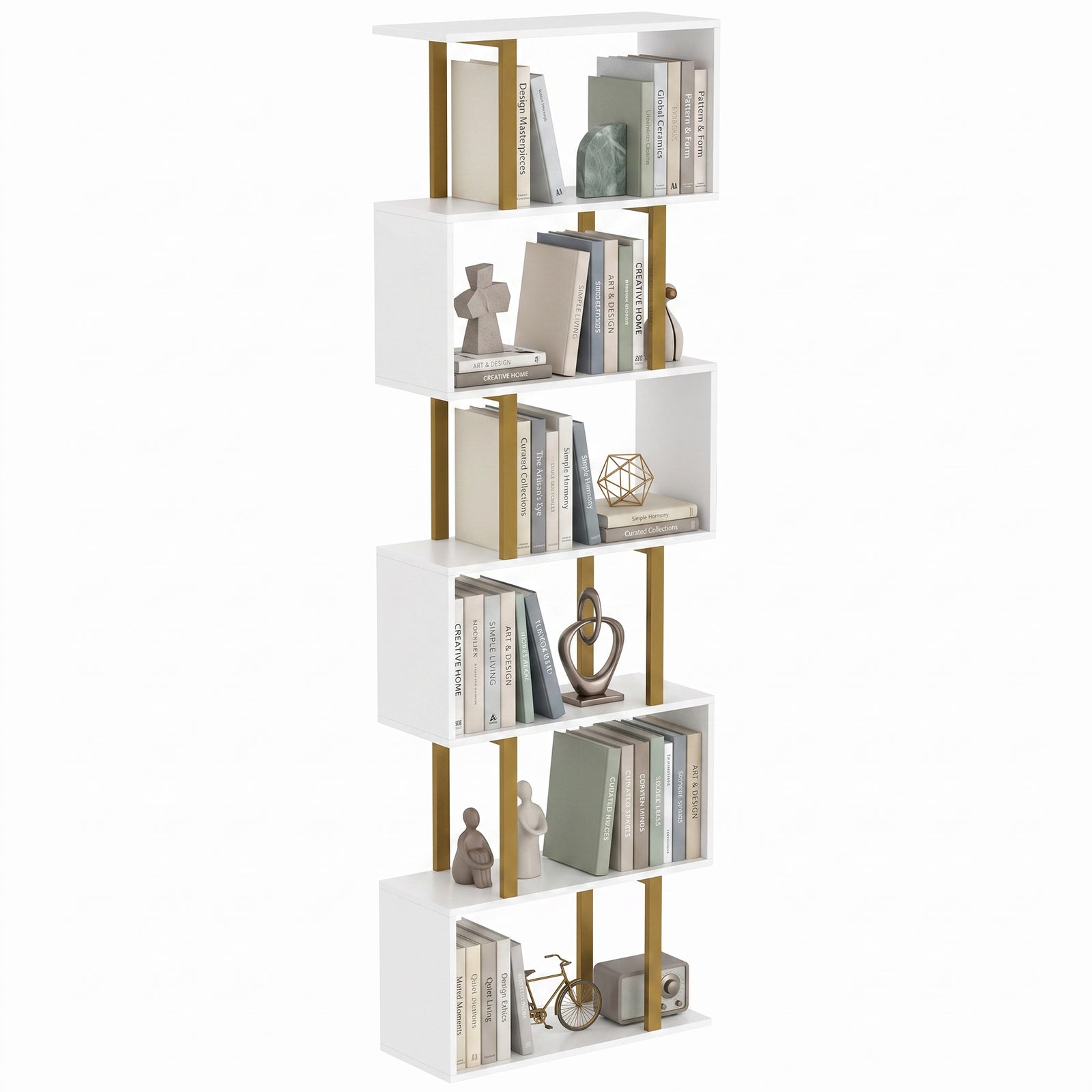 S-shaped Bookshelf, 6-tier Bookcase With Anti-tip Strap | White