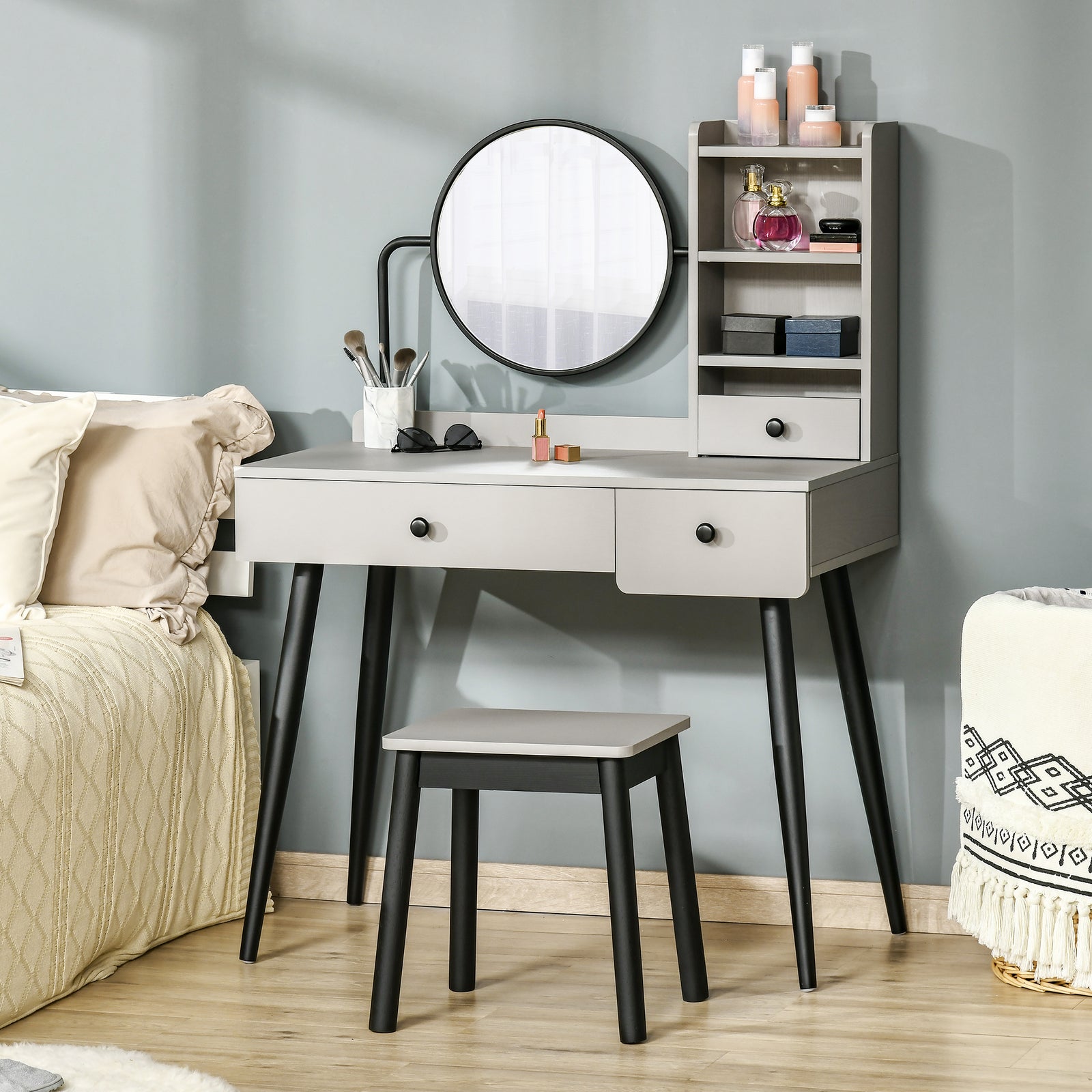 Dressing Table Set With 3 Drawers, Storage Shelves And Stool | One Size