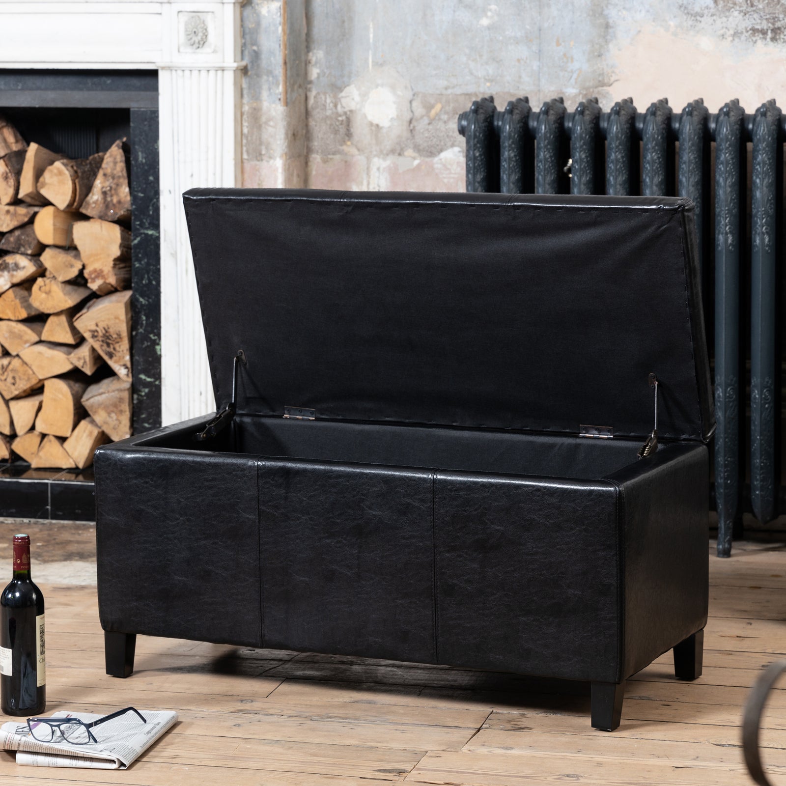 Davenport Bonded Leather Storage Ottoman | Black