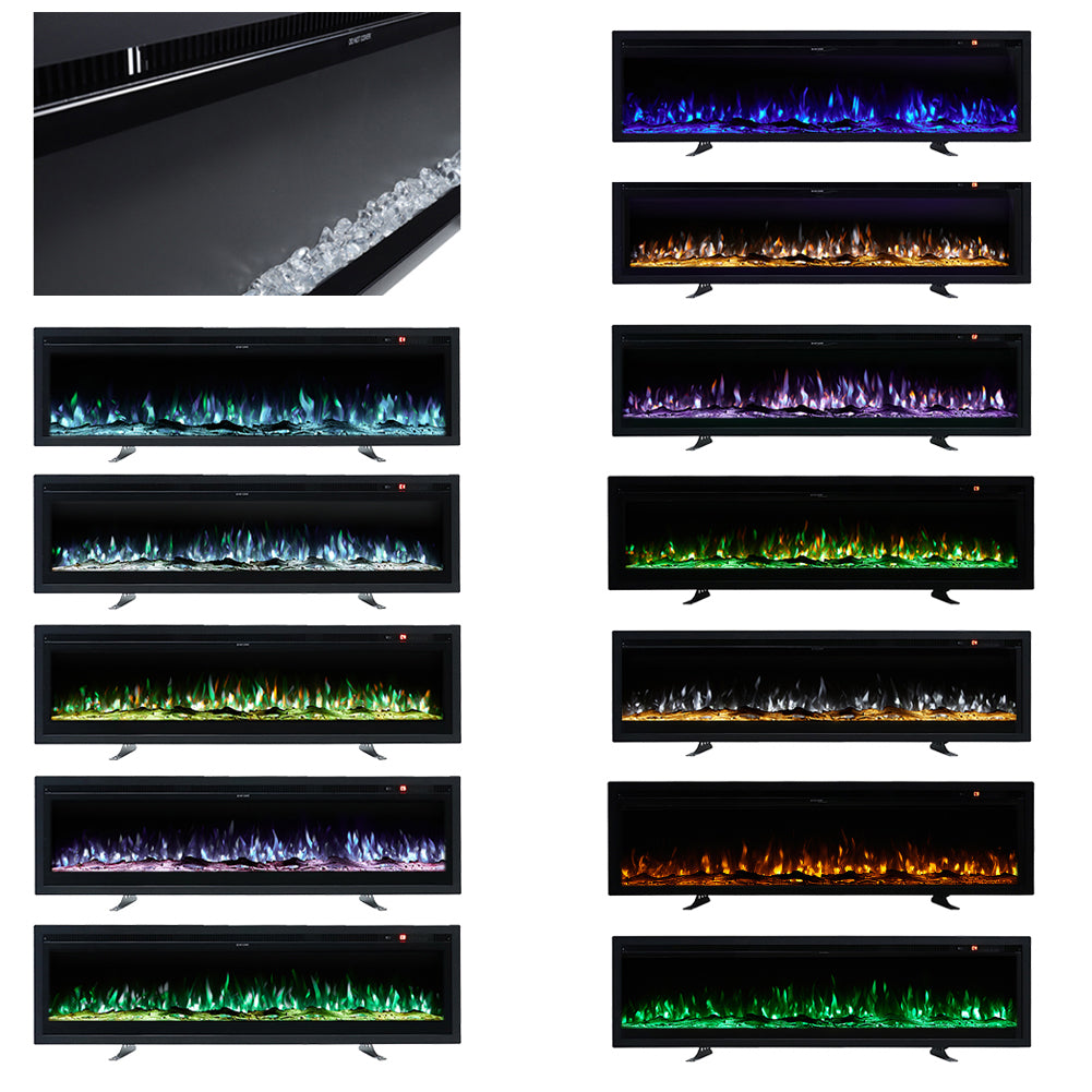 50/60-inch 3-in-1 Electric Fireplace, Wall Mounted / Recessed / Freestanding, Tempered Glass Panel, 12 Flame Colors, 5 Brightness Levels, Timer & Remote Control | Medium | Black