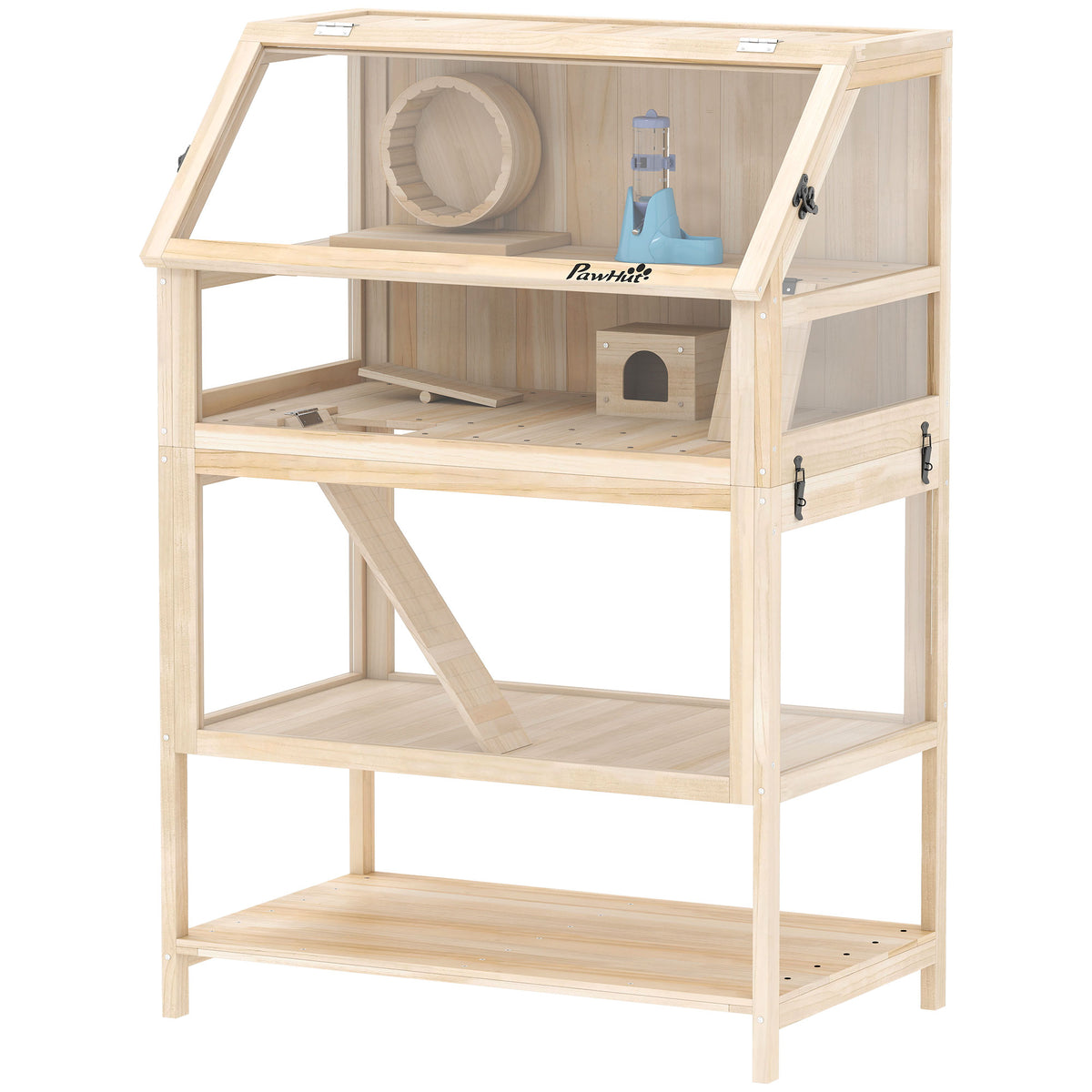 PawHut Wooden 3 Tier Hamster Cage With Storage Shelf For Dwarf, Gerbil