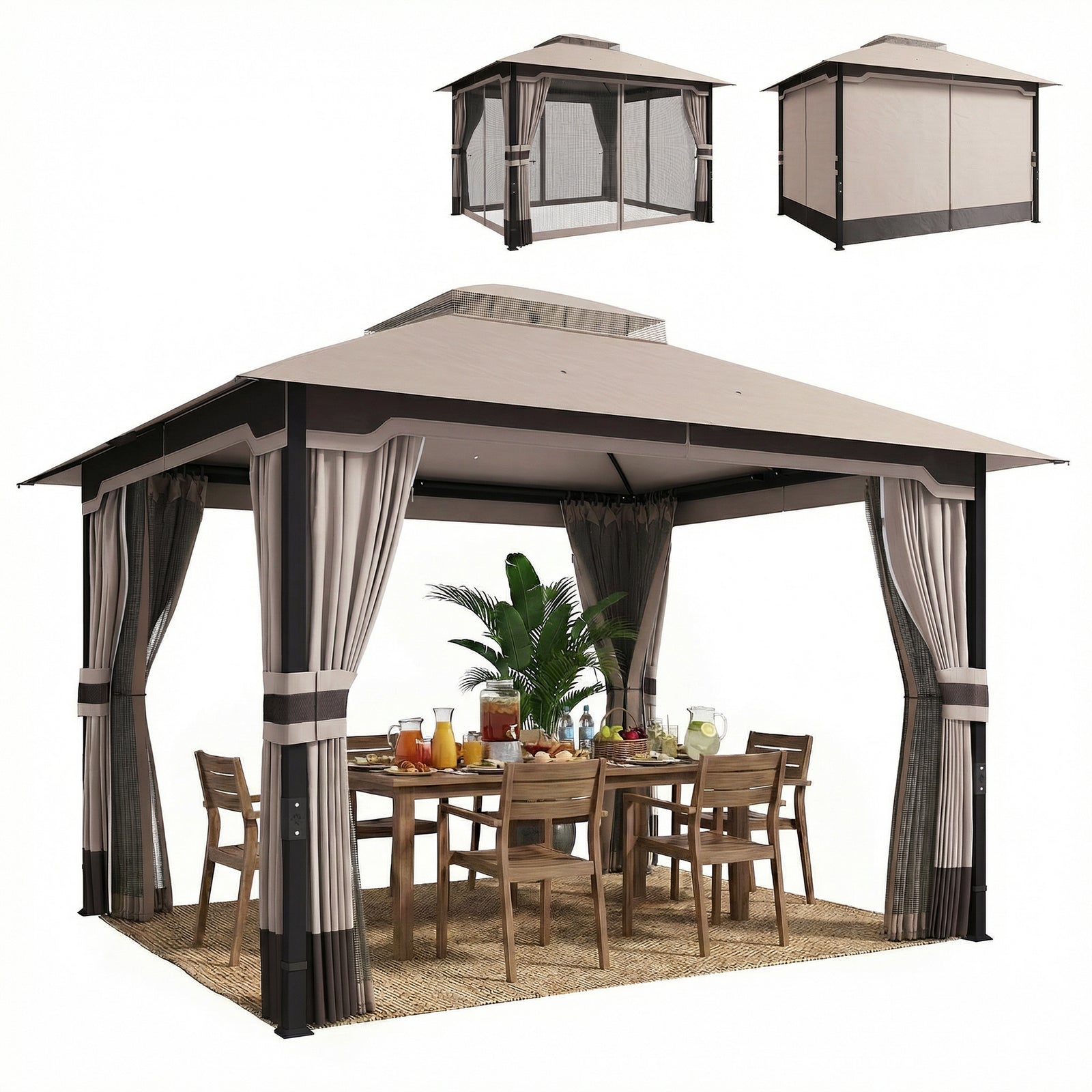 3 X 3.6 M Outdoor Garden Gazebo With Netting, Curtains | Khaki
