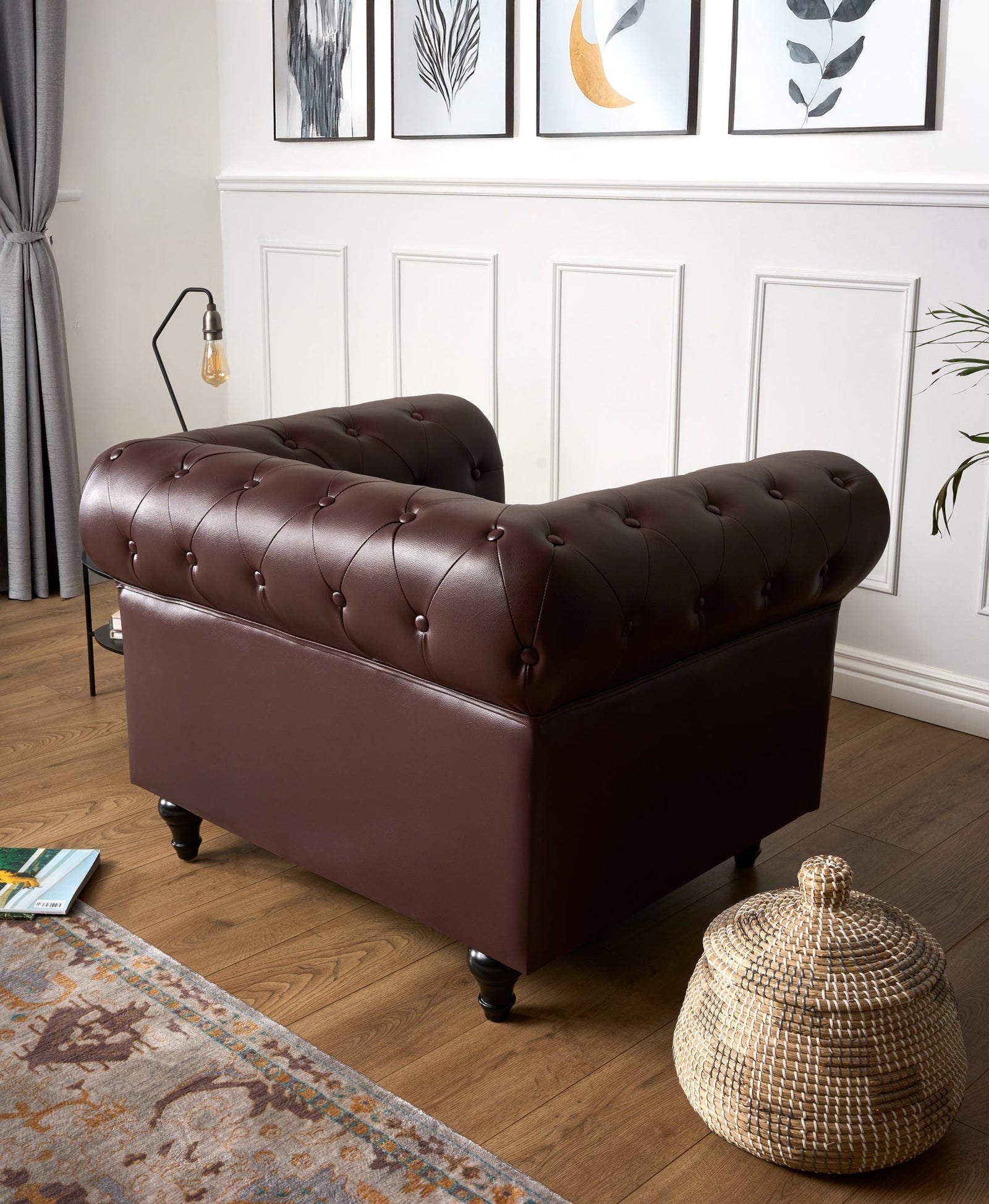 Button Tufted Faux Leather Living Room Armchair | Brown