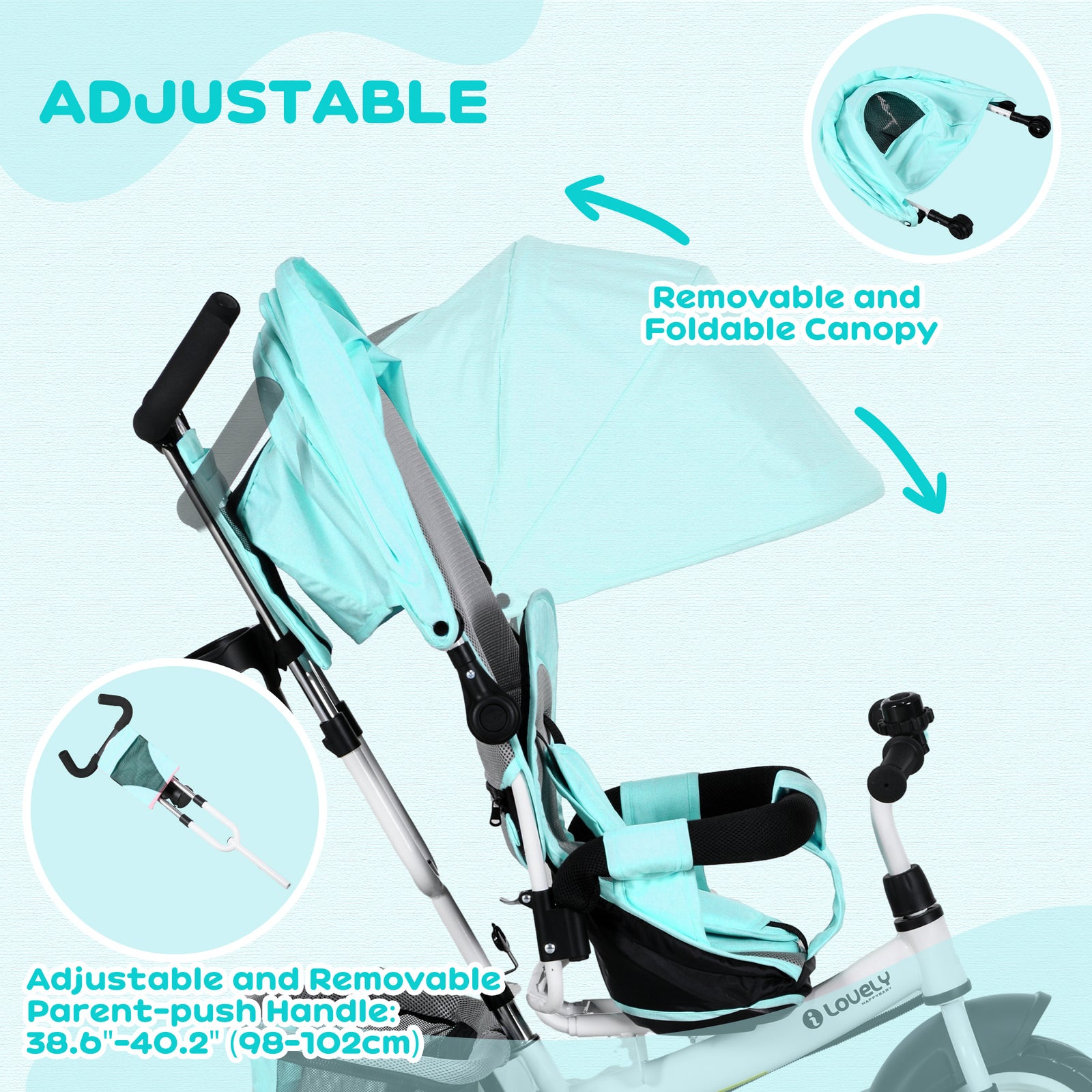 6 In 1 Kids Trike, Stroller With Parent Handle | Green