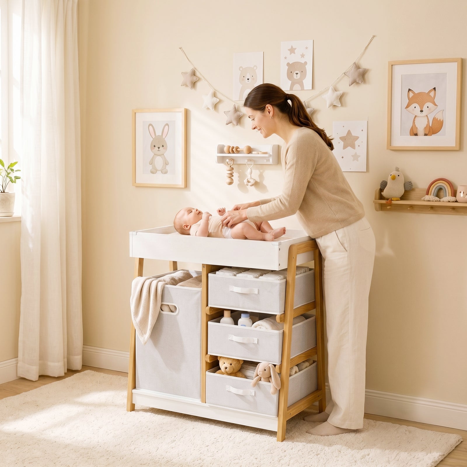 AIYAPLAY Baby Changing Table With 3 Drawers, Basket, Waterproof Pad