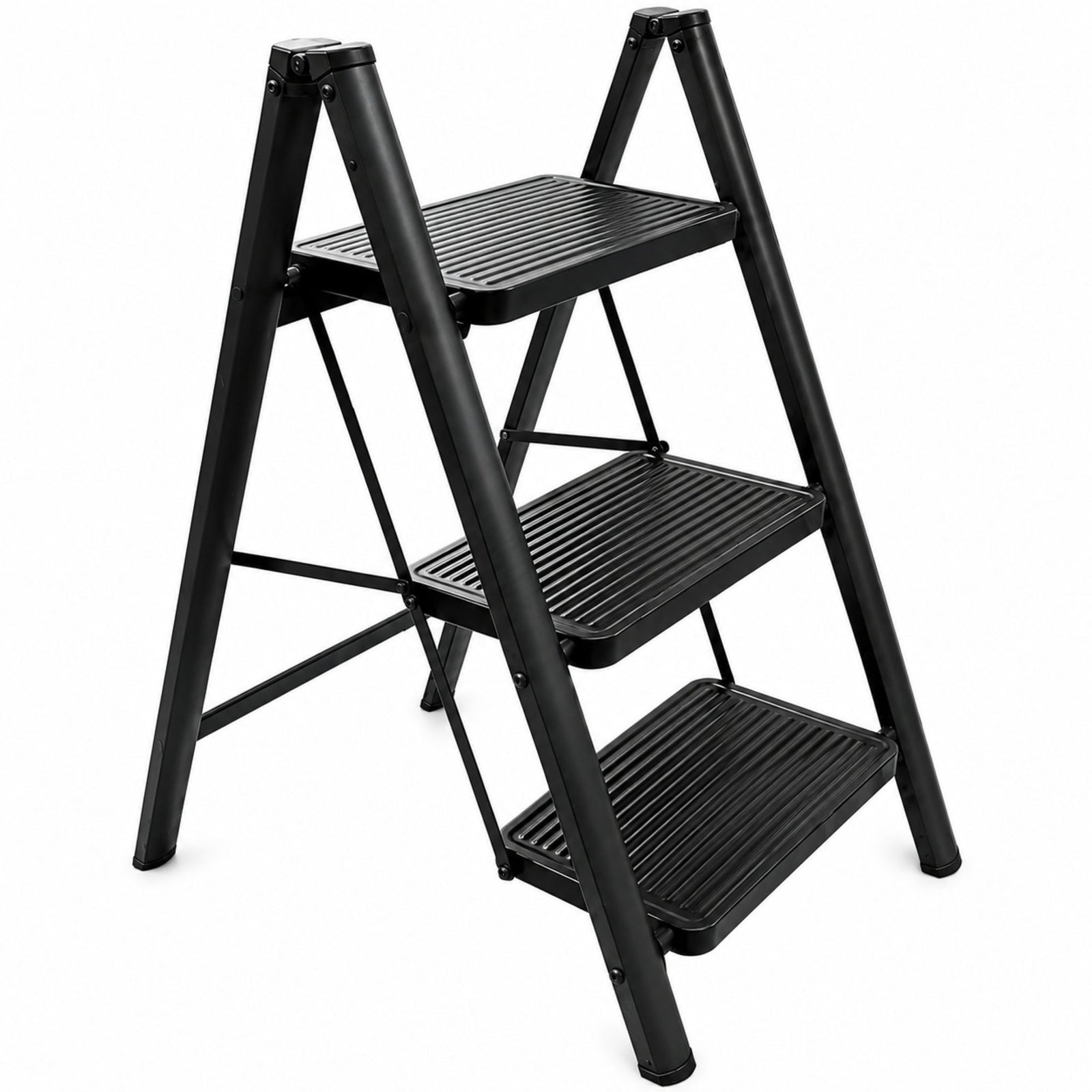 Step Ladder Compact Black, Heavy-duty Steel Folding Step Stool 150kg Capacity | 3 Step | Black