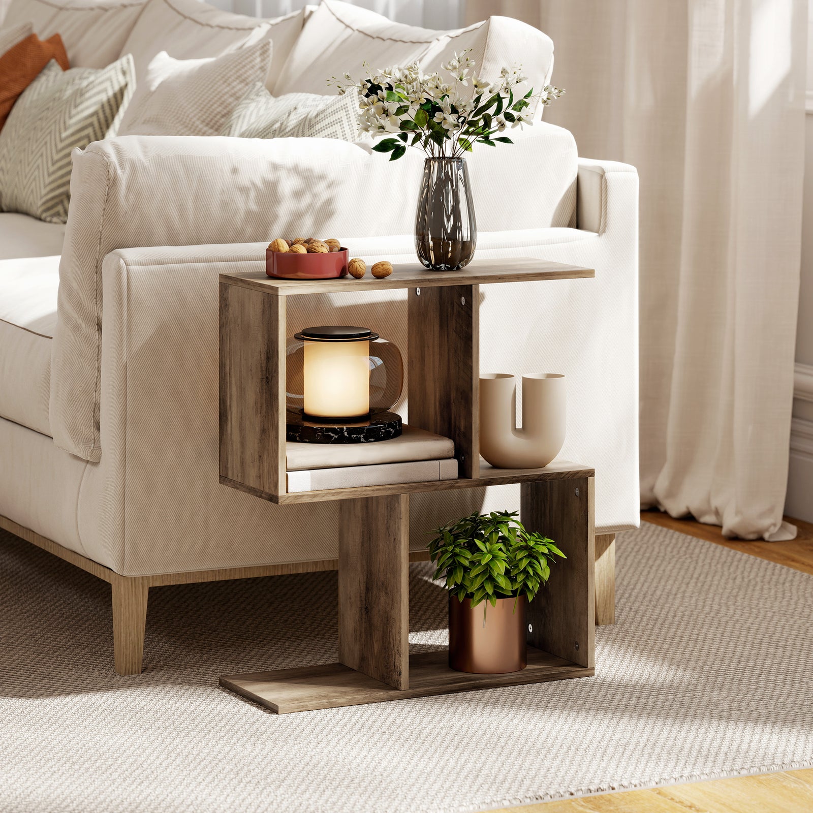 Side Table, Narrow End Table With Storage Shelves | Oak