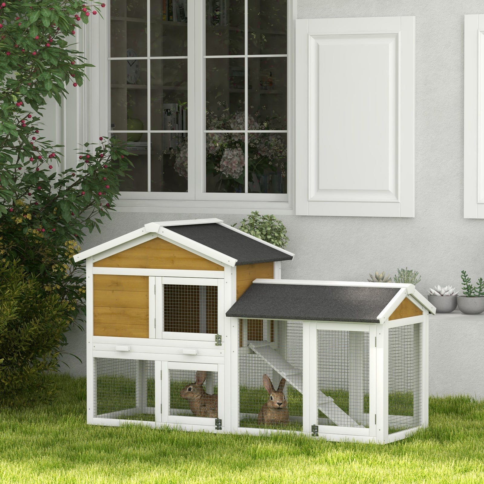 5ft Wooden Rabbit Guniea Pigs Hutch With Run 2 Tiers Outdoor Cage Pet House