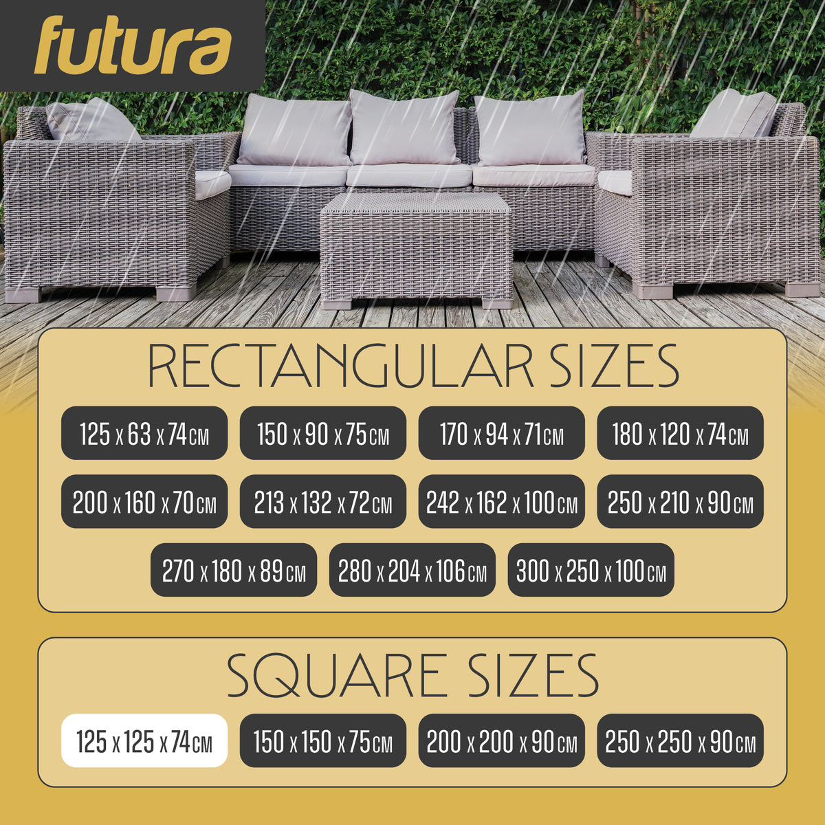 Premium Square Waterproof Garden Furniture Cover, Outdoor Patio Weatherproof Rattan Sofa Guard Cover | 125 x 125 x 74cm | Black