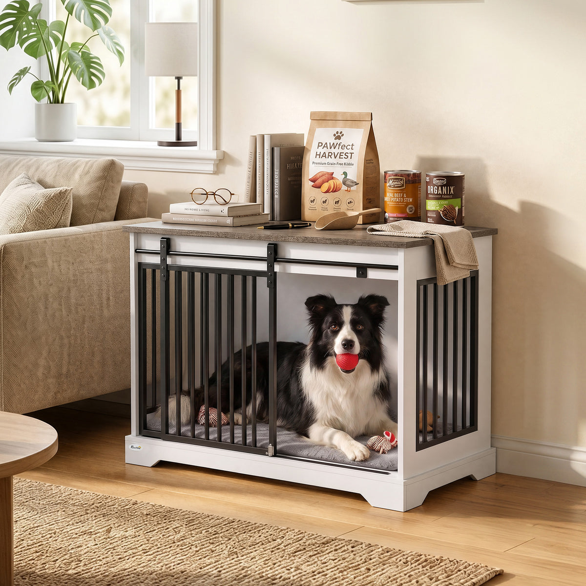 Dog Crate Furniture With Sliding Barn Door | 80cm | White