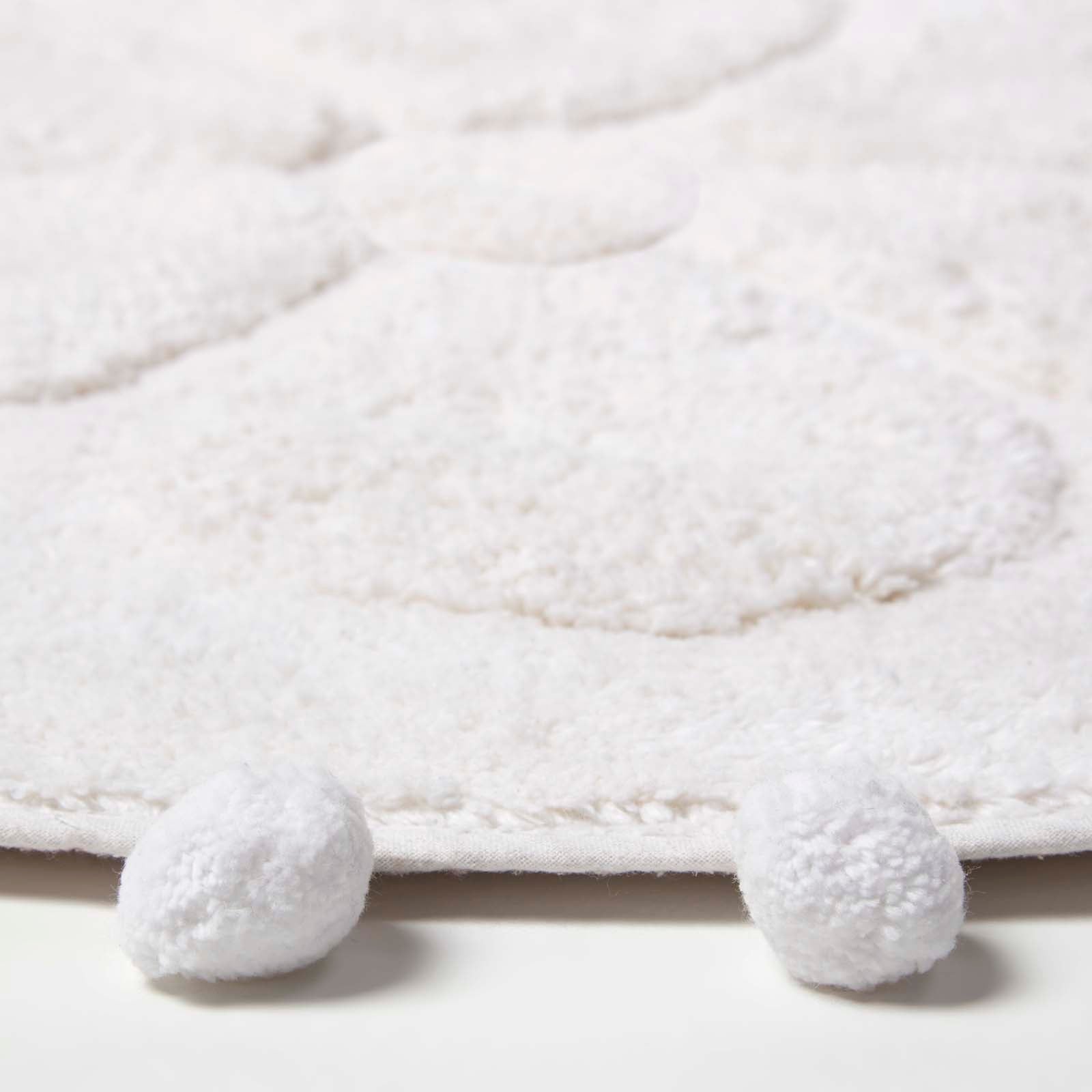 Floral Tufted Round Bathmat With Pom Poms | 60cm | White