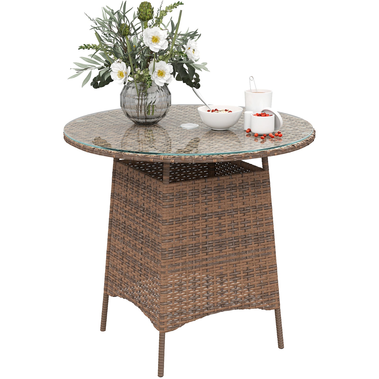 Patio Furniture Rattan Garden Table W/ Umbrella Hole | Brown