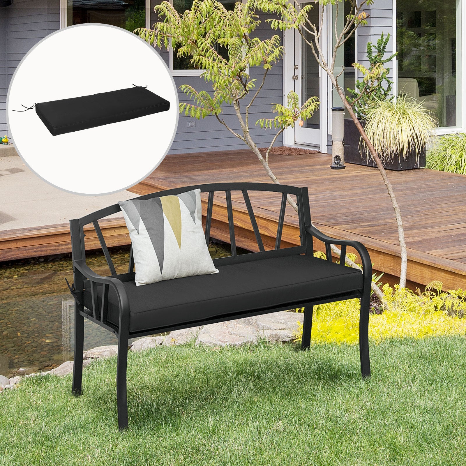 Garden Bench Cushion 2 Seater Seat Pad Indoorand Outdoor Use | Black